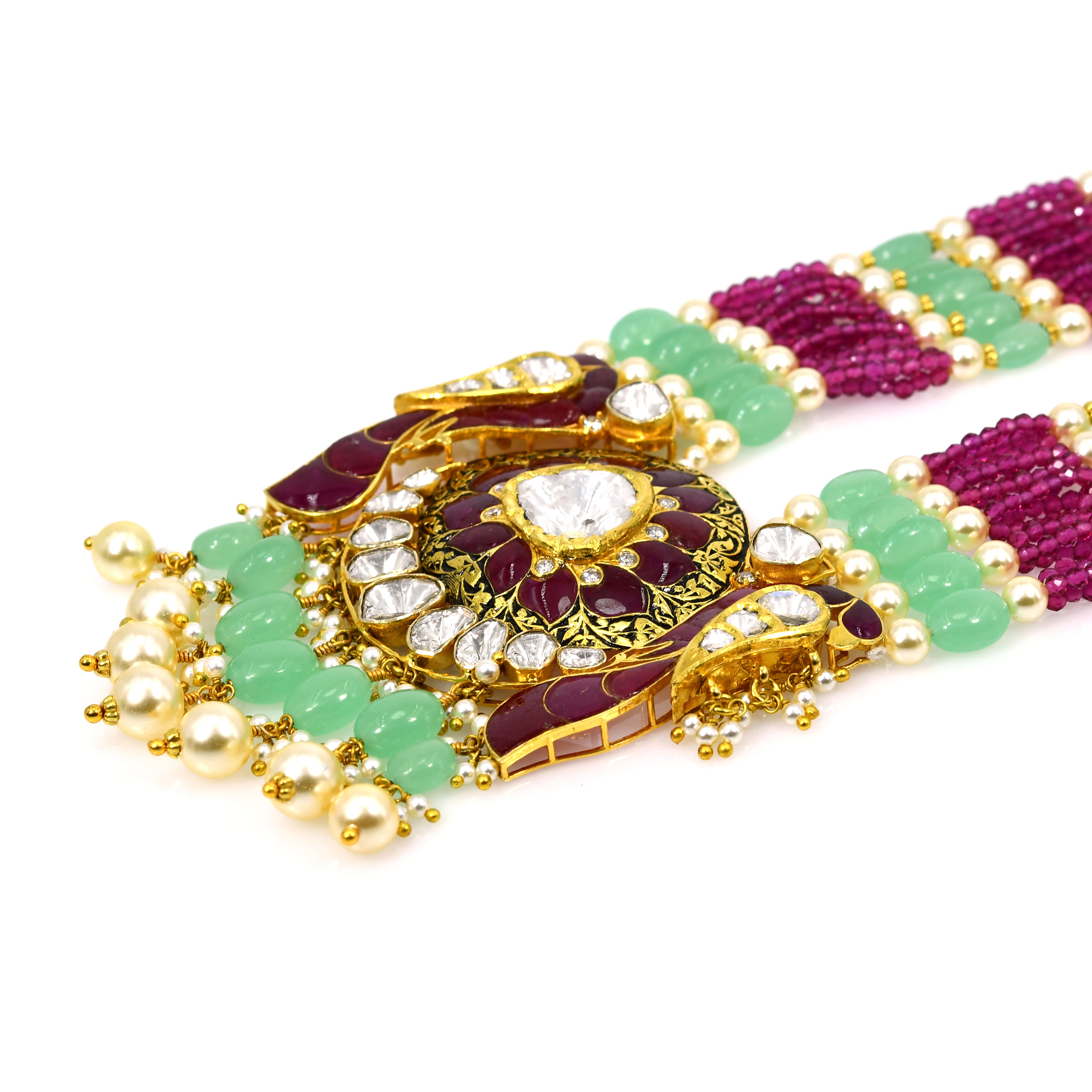 14k Yellow Gold Ruby Emerald Diamond Pearl Necklace