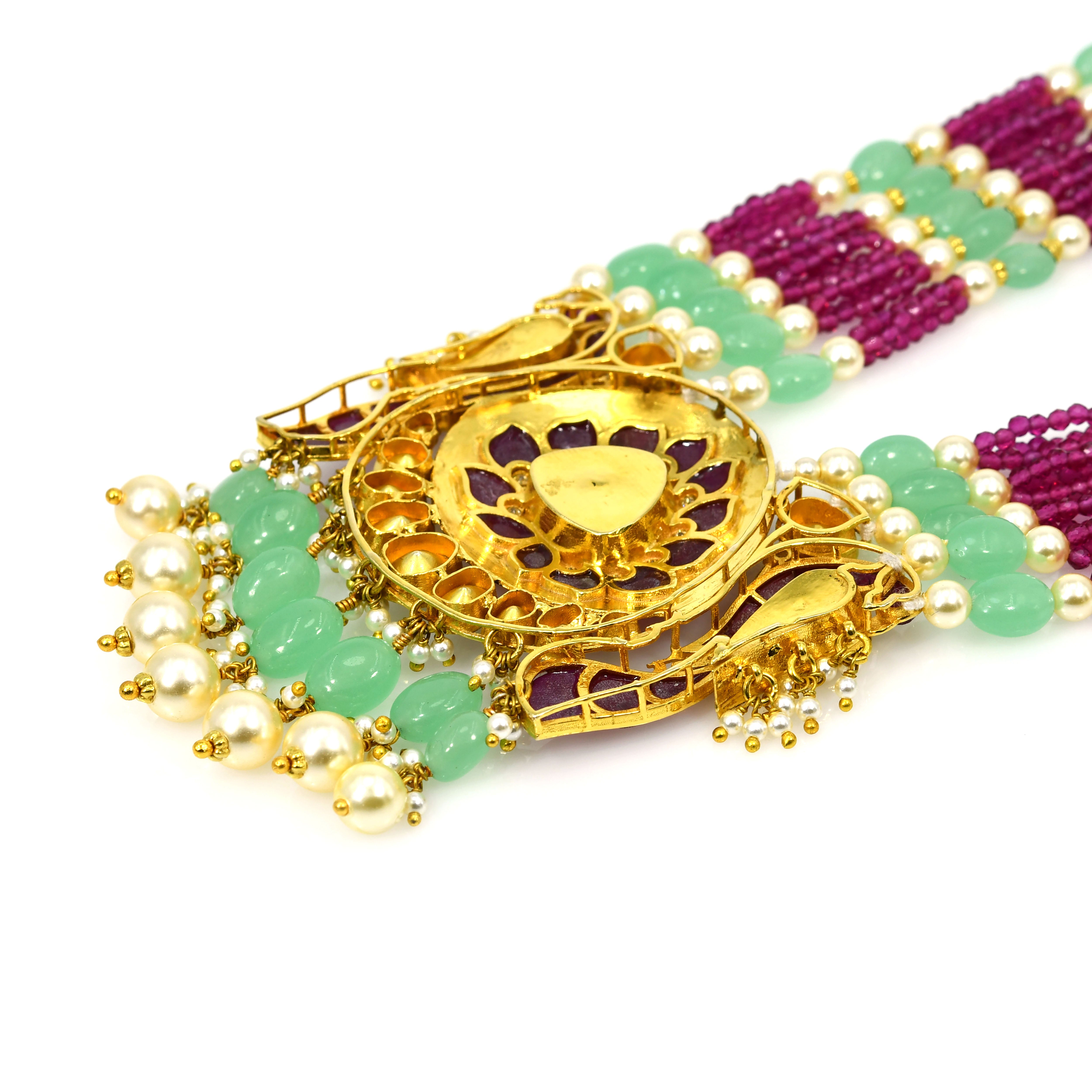 14k Yellow Gold Ruby Emerald Diamond Pearl Necklace
