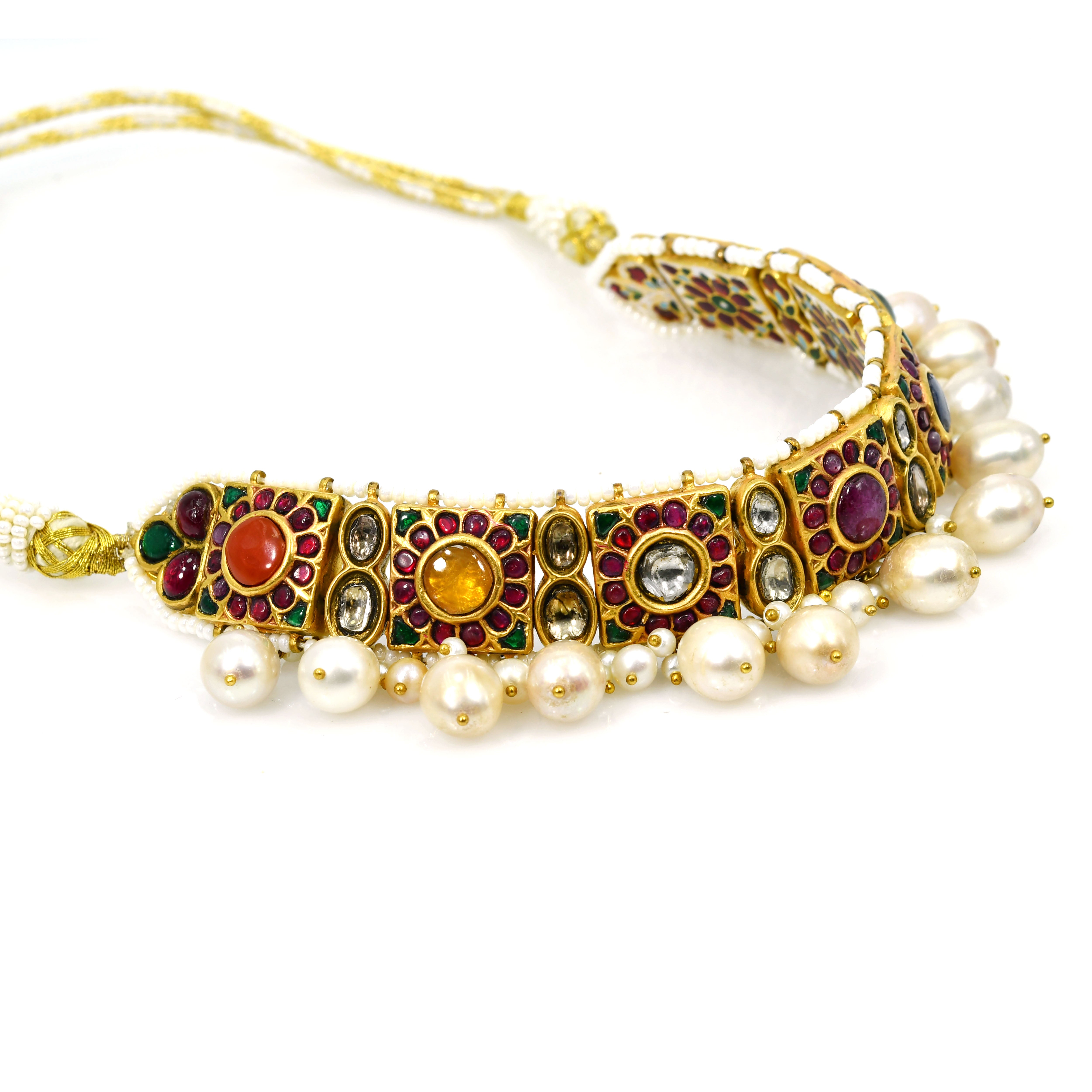 14k Gold Ruby Emerald Diamond Pearl Choker Necklace