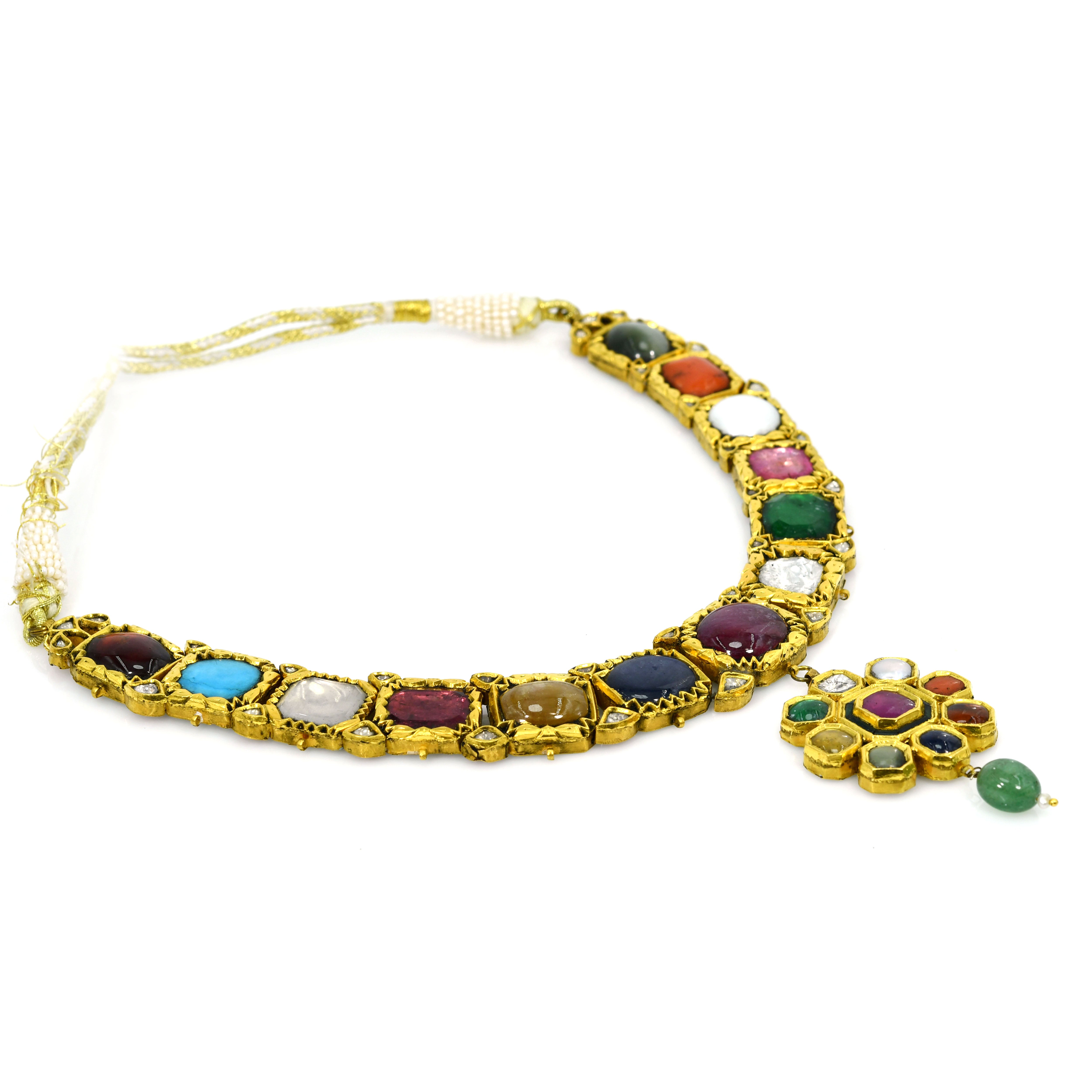14k Gold Navratna Necklace Ruby Emerald Diamond Pearl