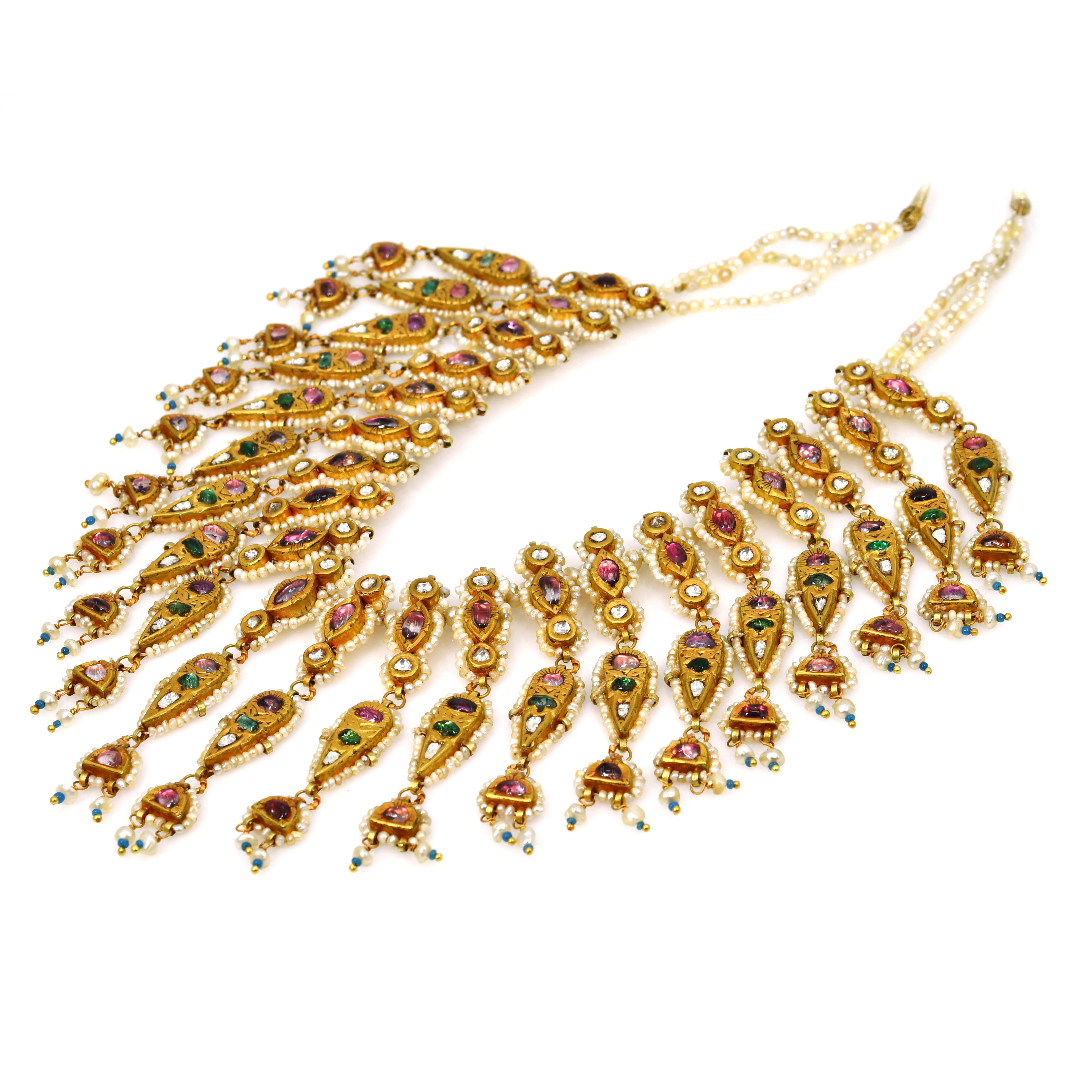 18k Yellow Gold Ruby Emerald Diamond Pearl Kundan Necklace