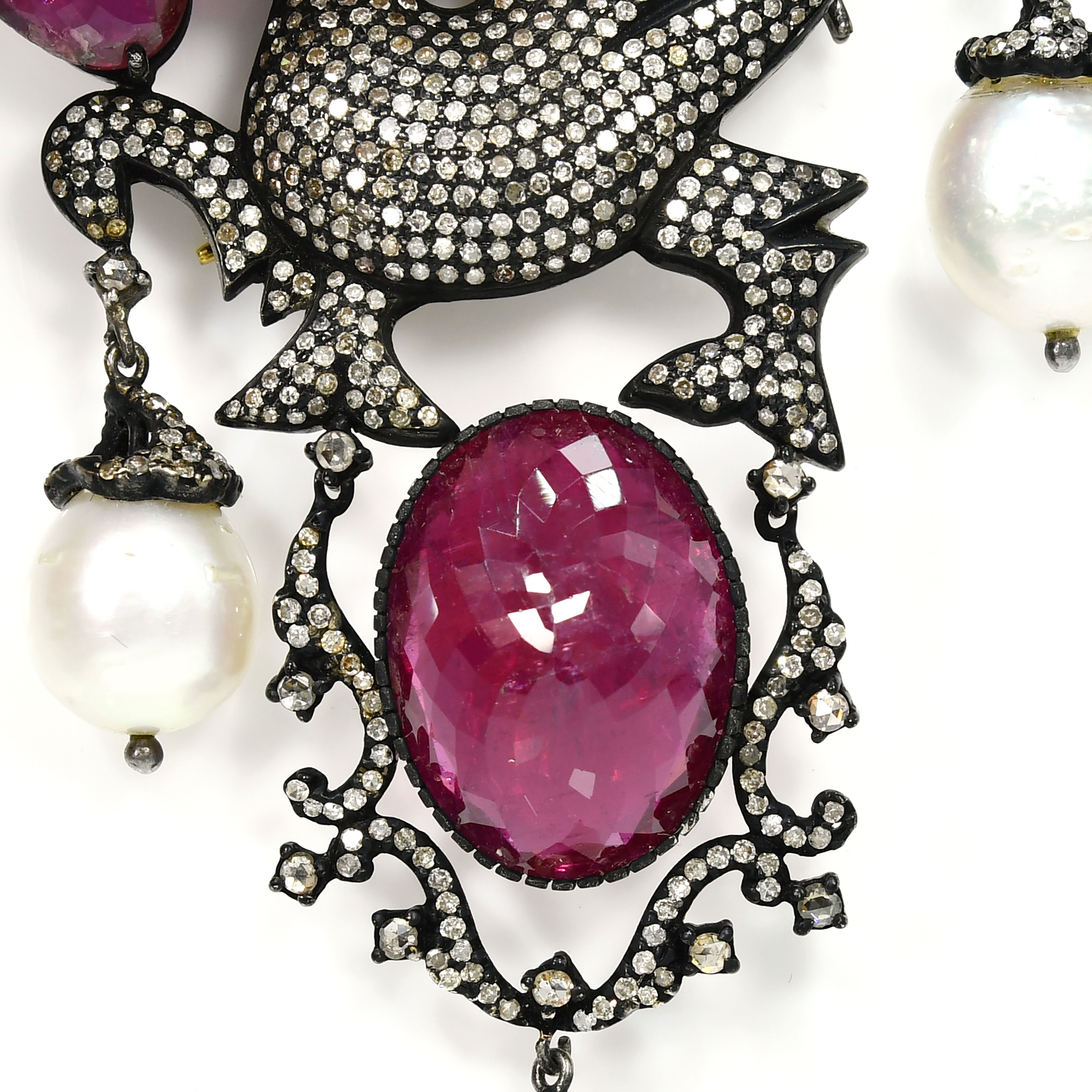 Yellow Gold & Silver Victorian Rubellite Tourmaline & Pearl Pendant-Brooch with Diamonds