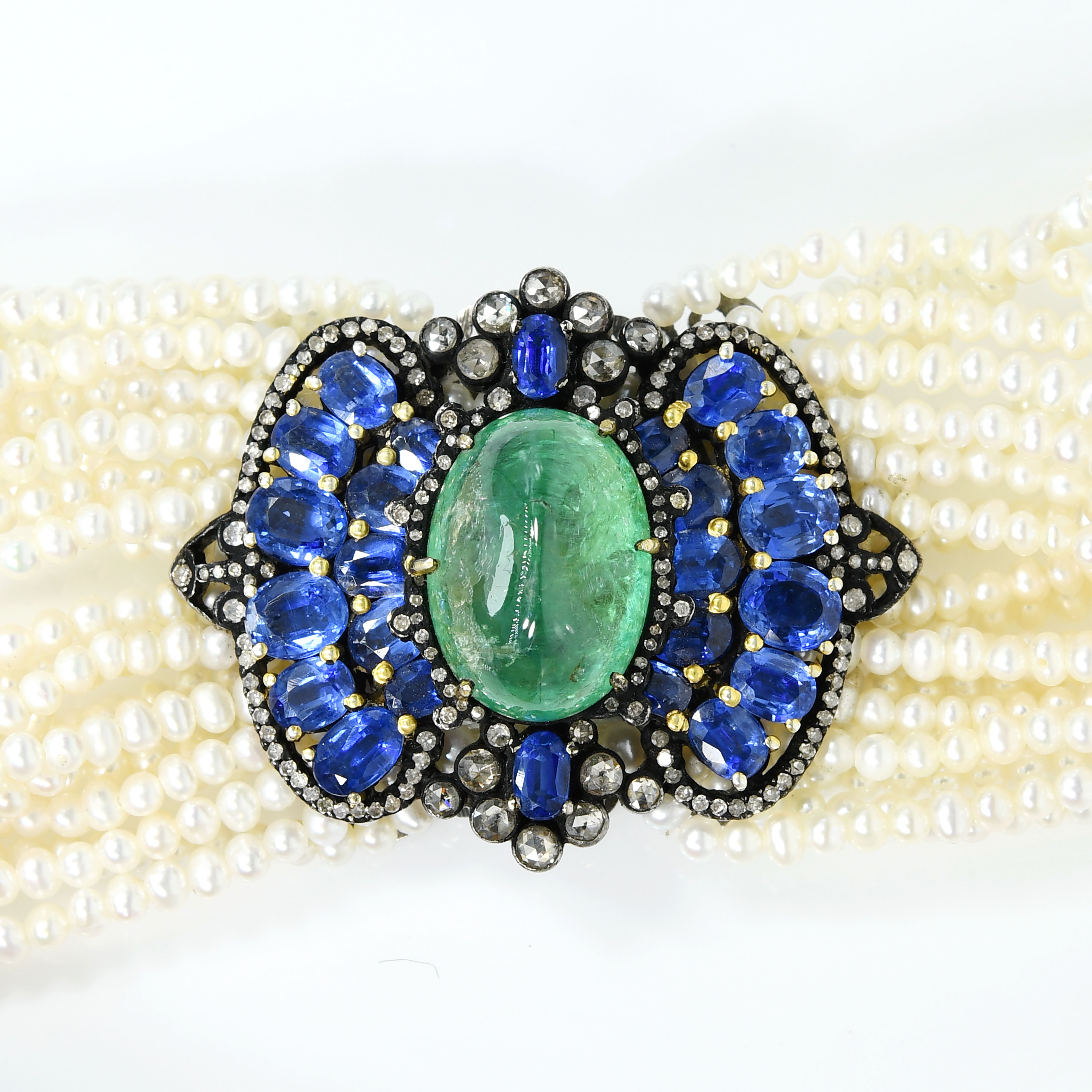 14k Yellow Gold Mixed-Stone Bracelet with Freshwater Pearls, Sapphire & Emerald