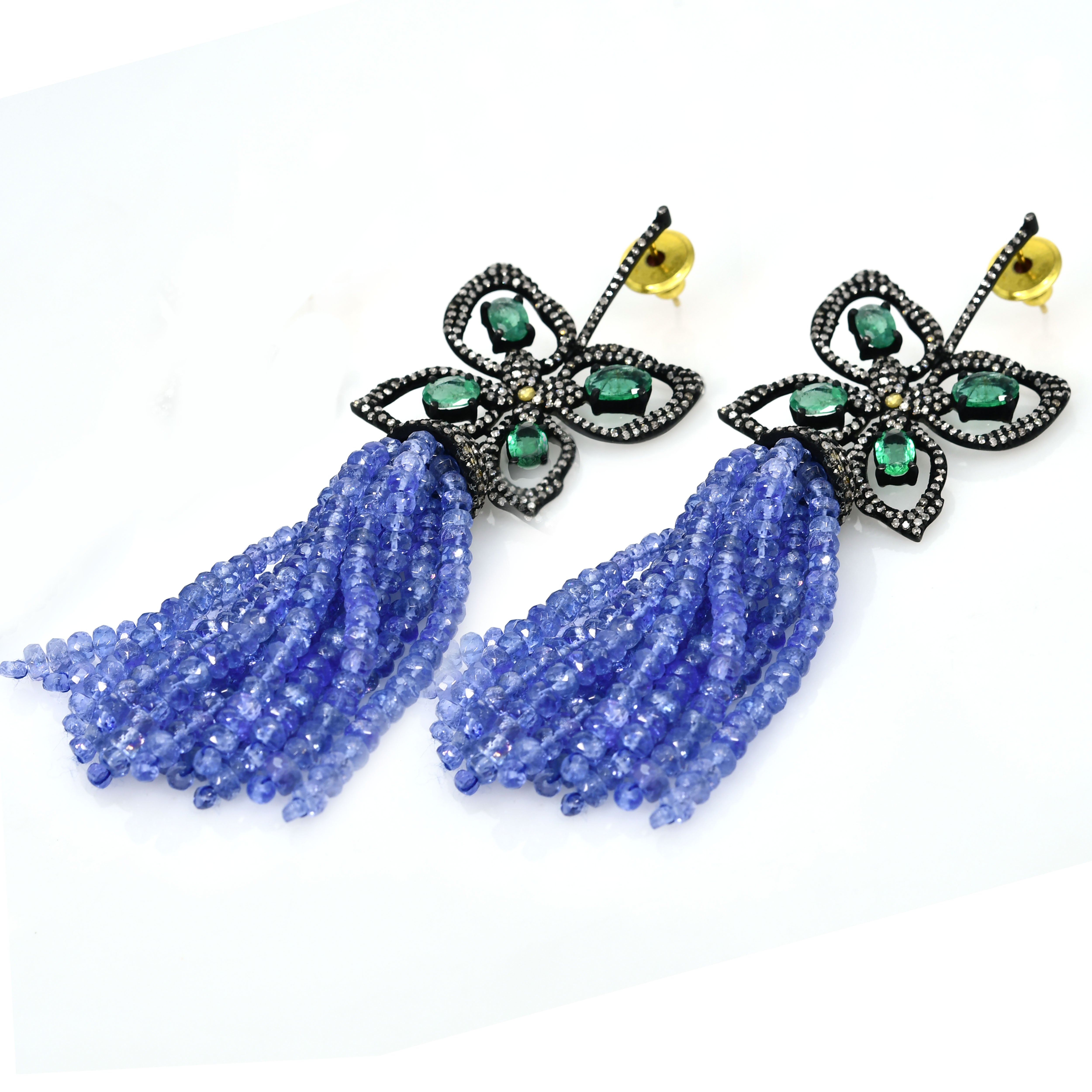 14k Yellow Gold Emerald & Tanzanite Tassel Drop Earrings - Long Dangle