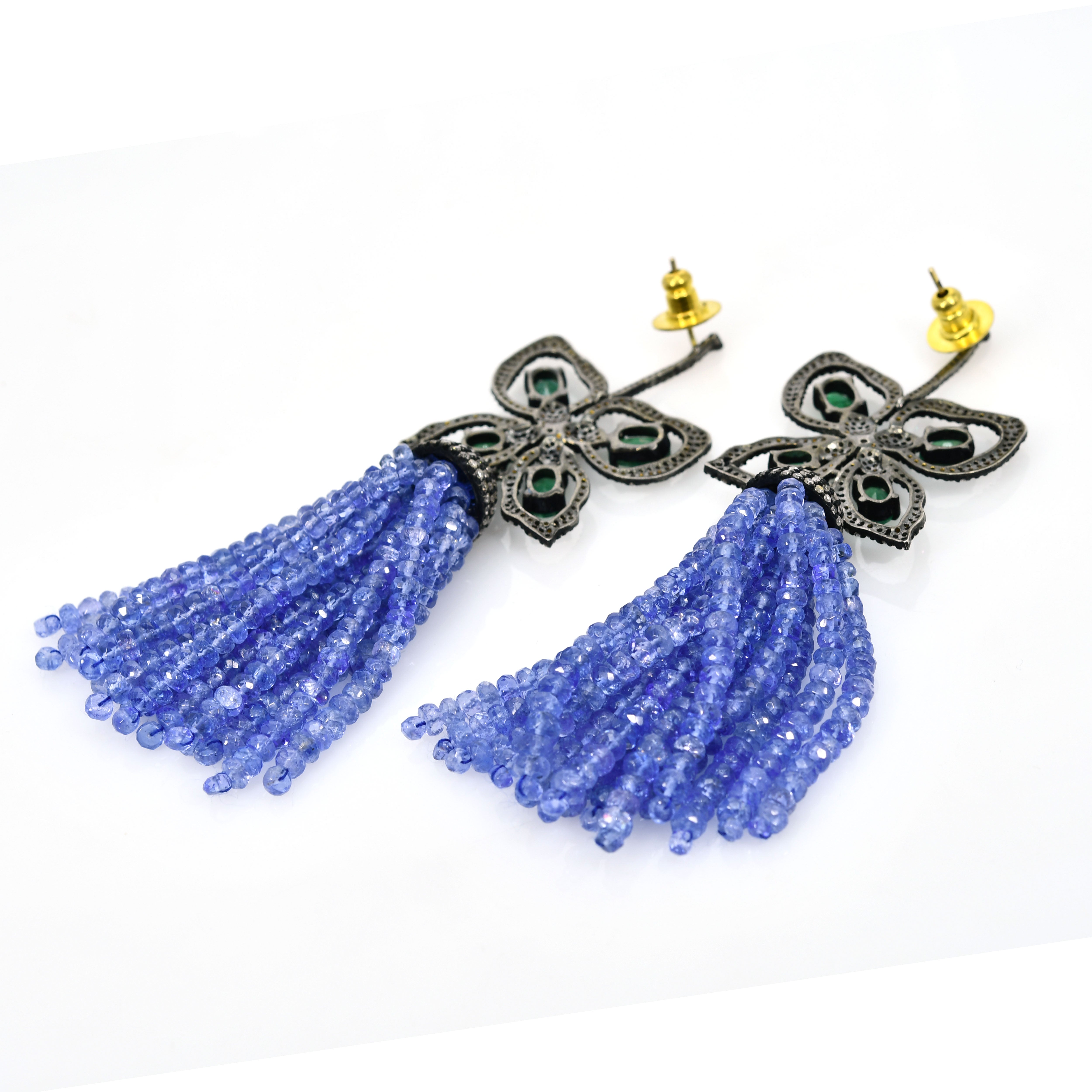 14k Yellow Gold Emerald & Tanzanite Tassel Drop Earrings - Long Dangle