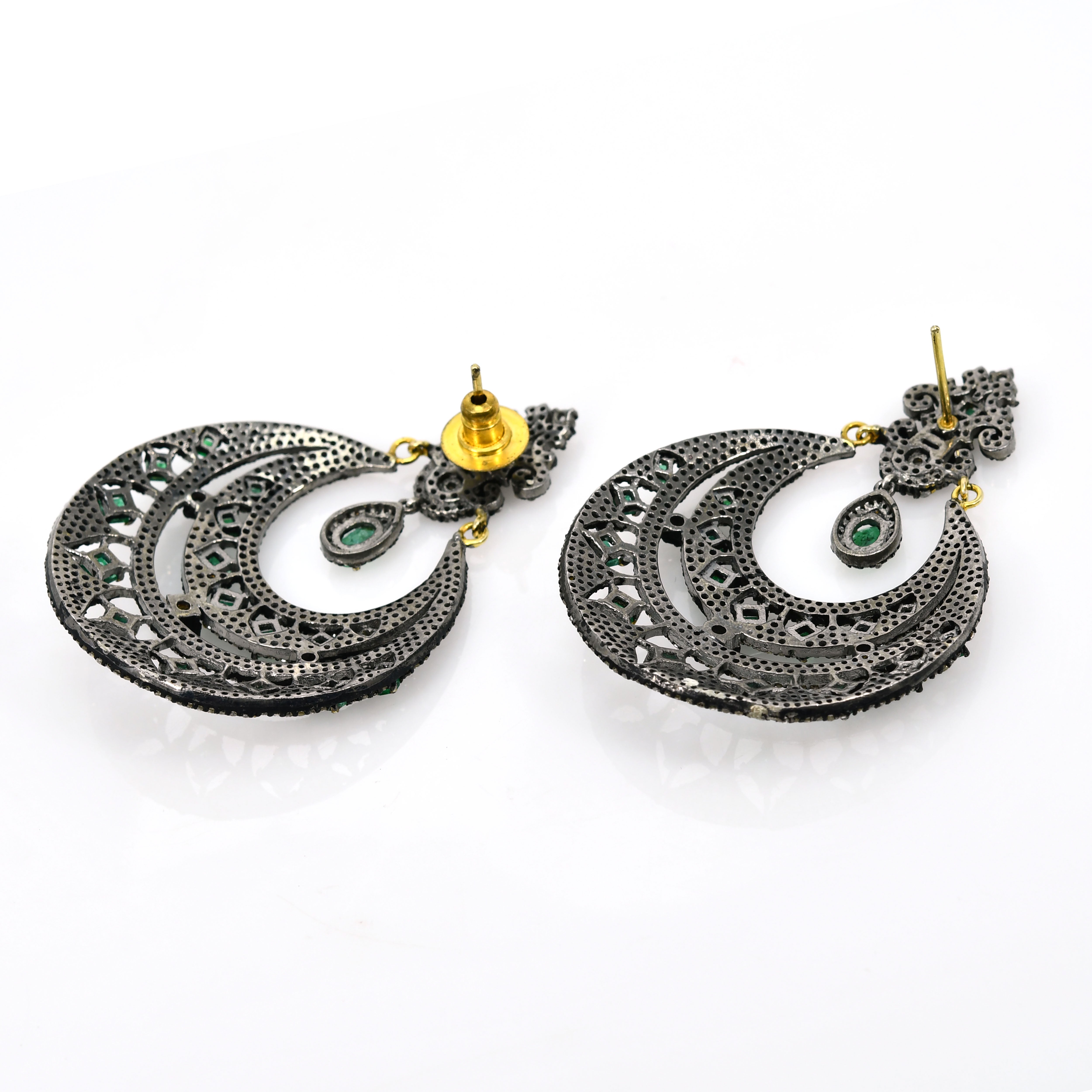 14k Yellow Gold Emerald & Diamond Designer Earrings (Victorian)