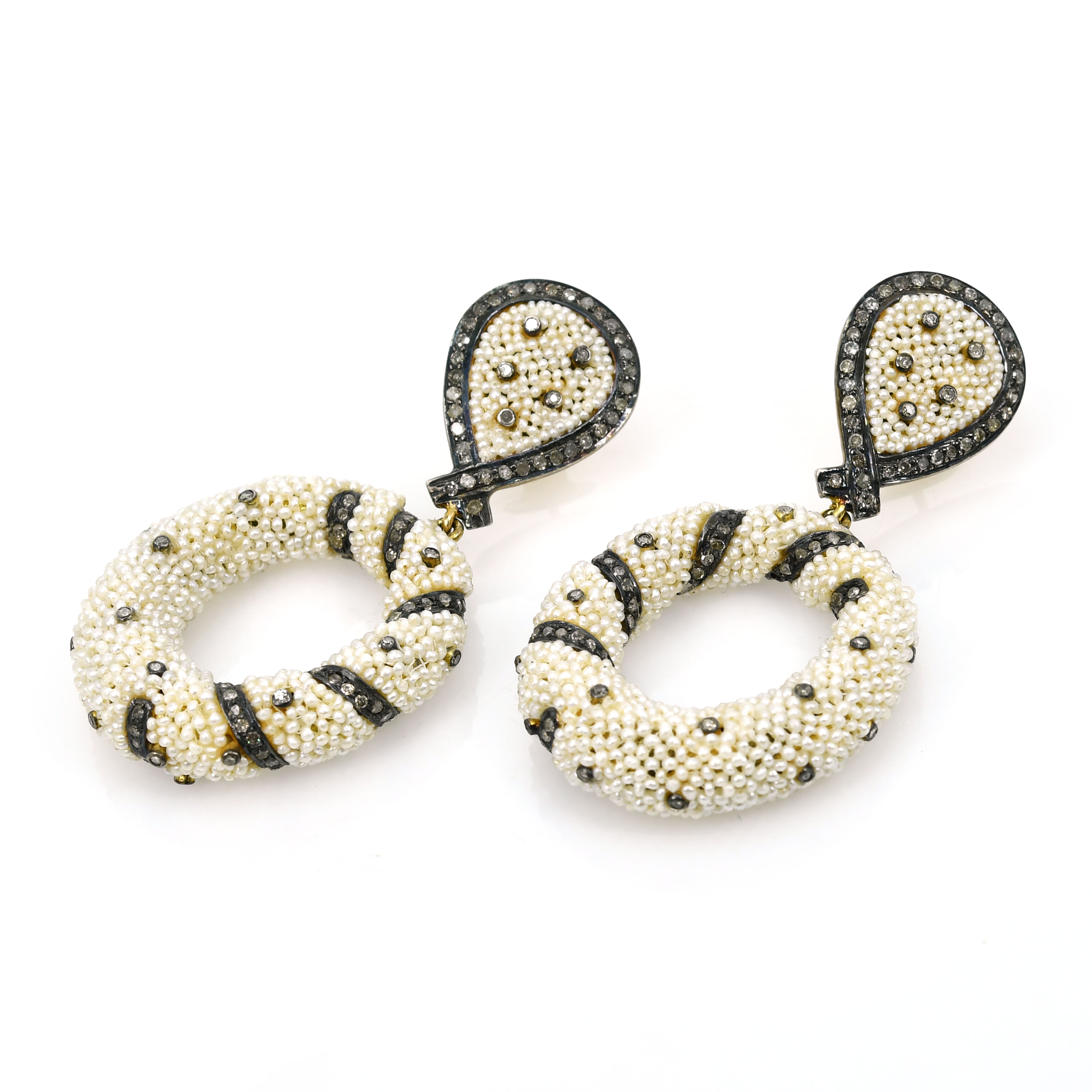 Silver Pearl & Diamond Drop Earrings Victorian Style