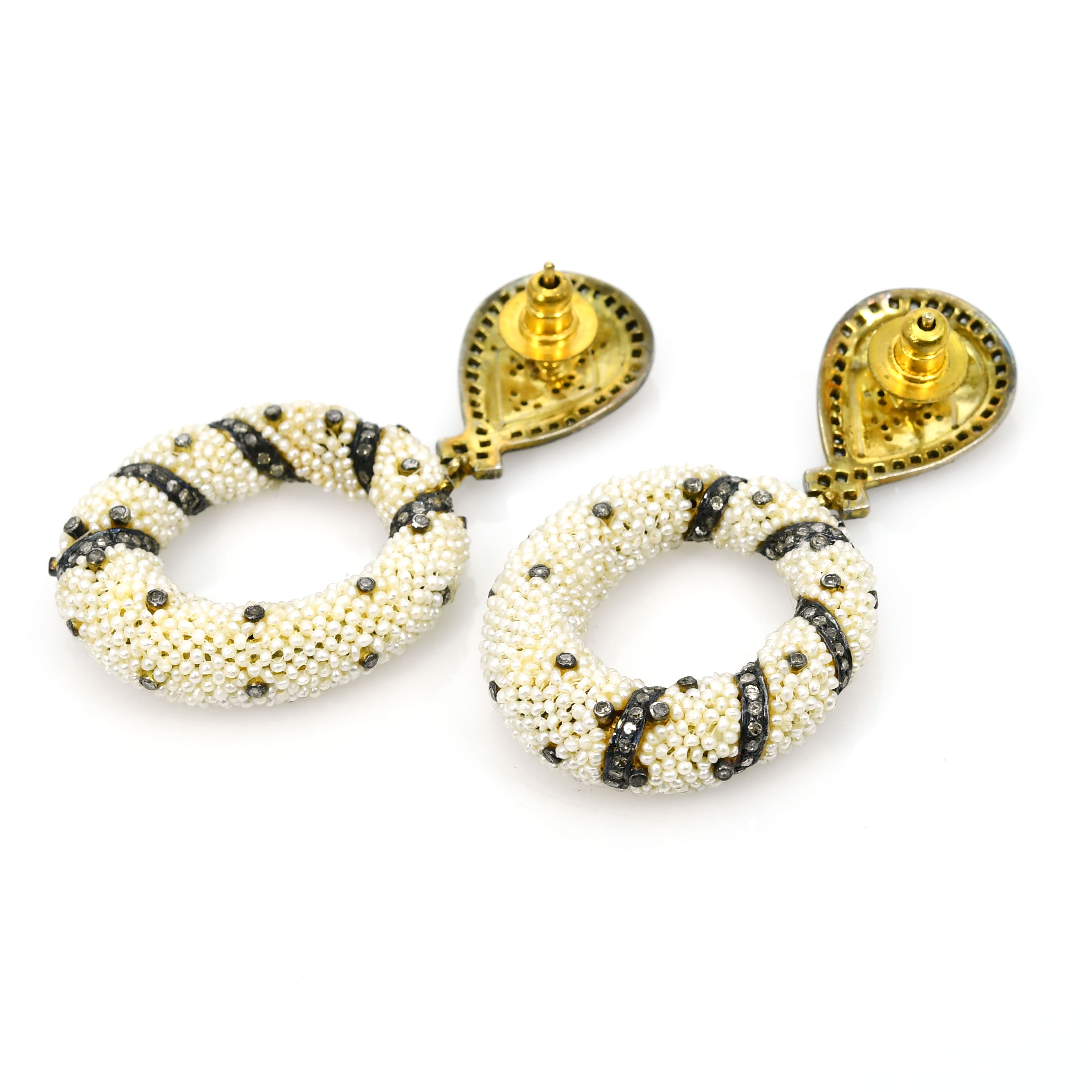 Silver Pearl & Diamond Drop Earrings Victorian Style