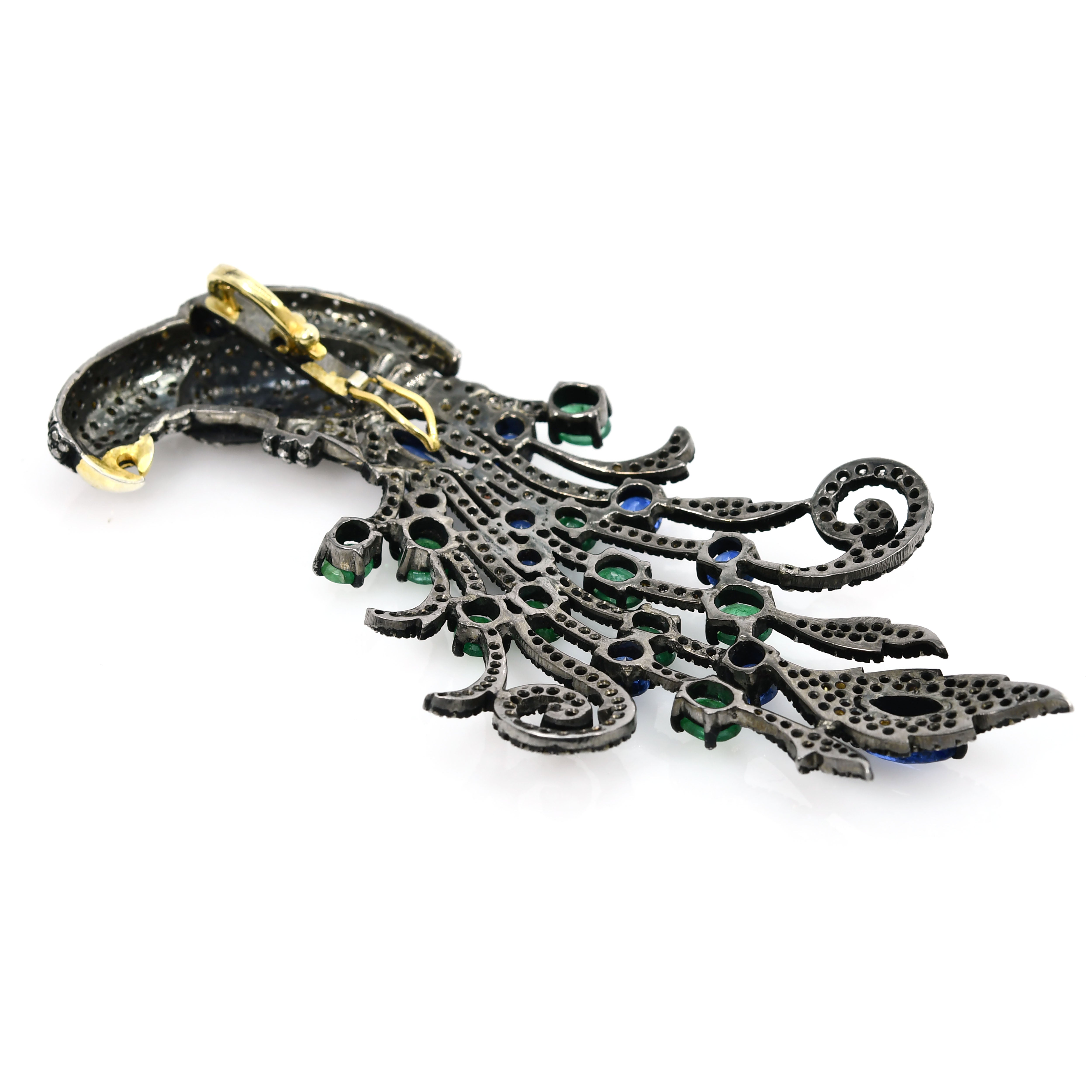 Yellow Gold & Silver Victorian Peacock Pendant-Brooch with Emerald, Tanzanite & Diamonds