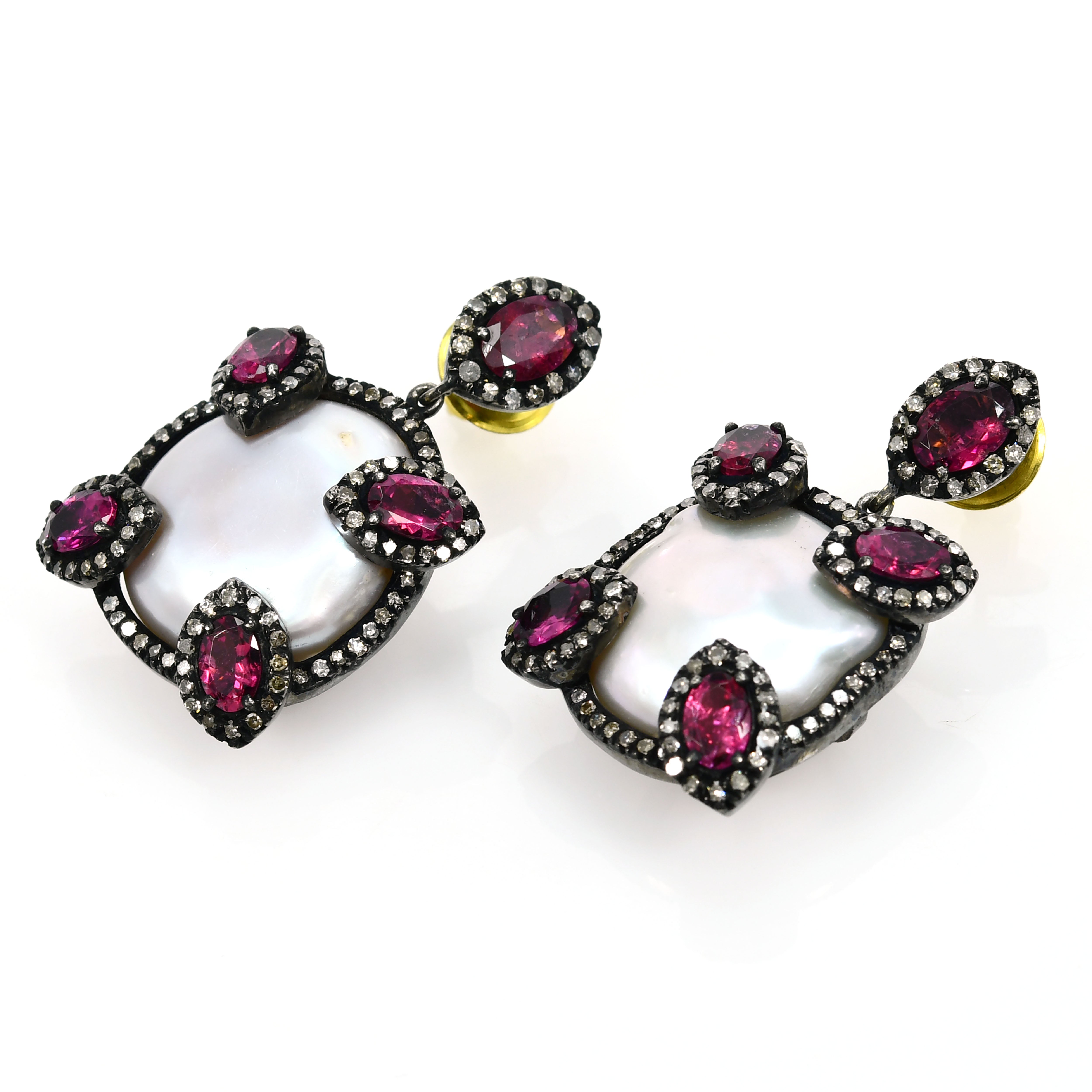 14k Yellow Gold Pearl, Pink Tourmaline & Diamond Dangle Earrings
