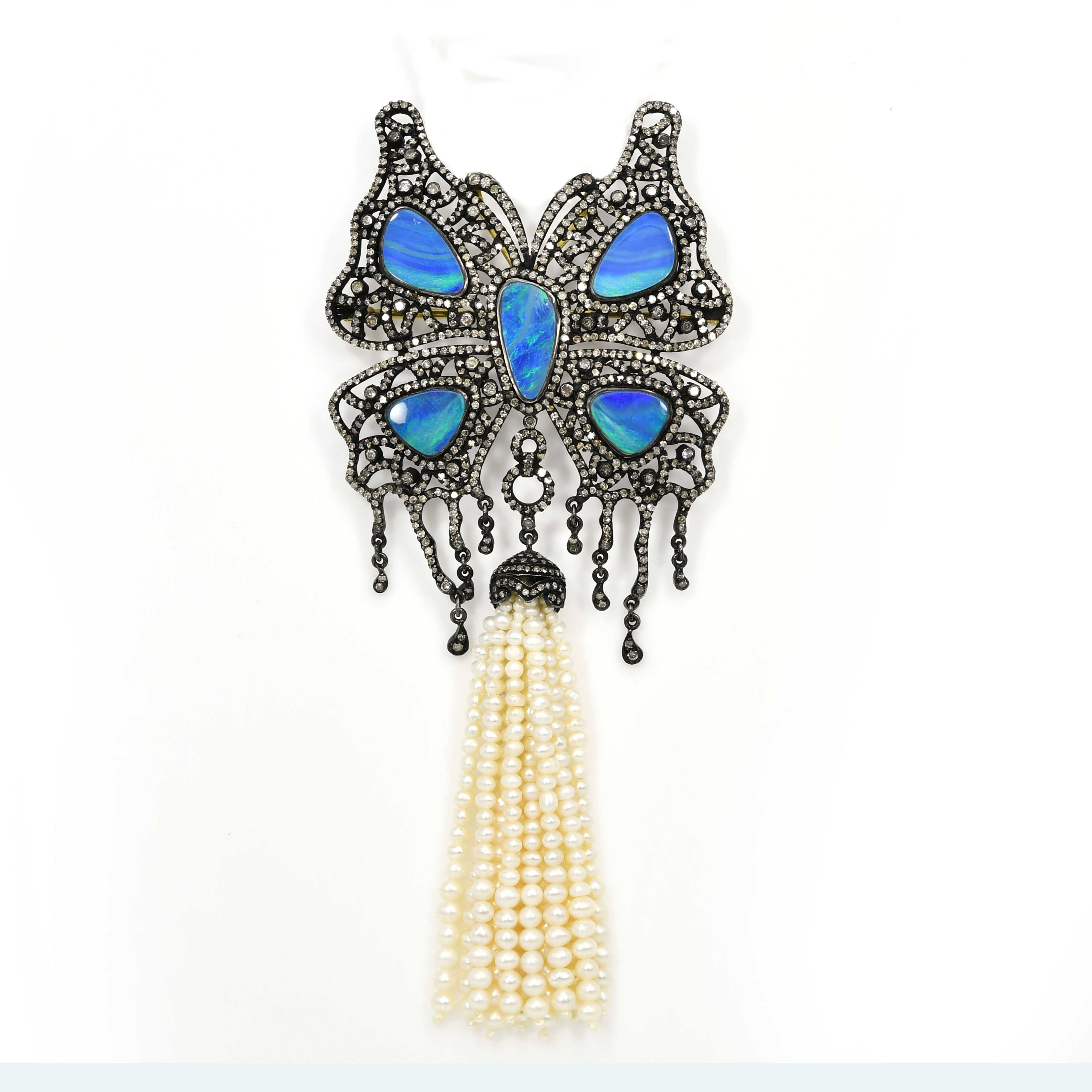 Yellow Gold & Silver Victorian Tassel Pendant-Brooch with Doublet Opals, Pearls & Diamonds