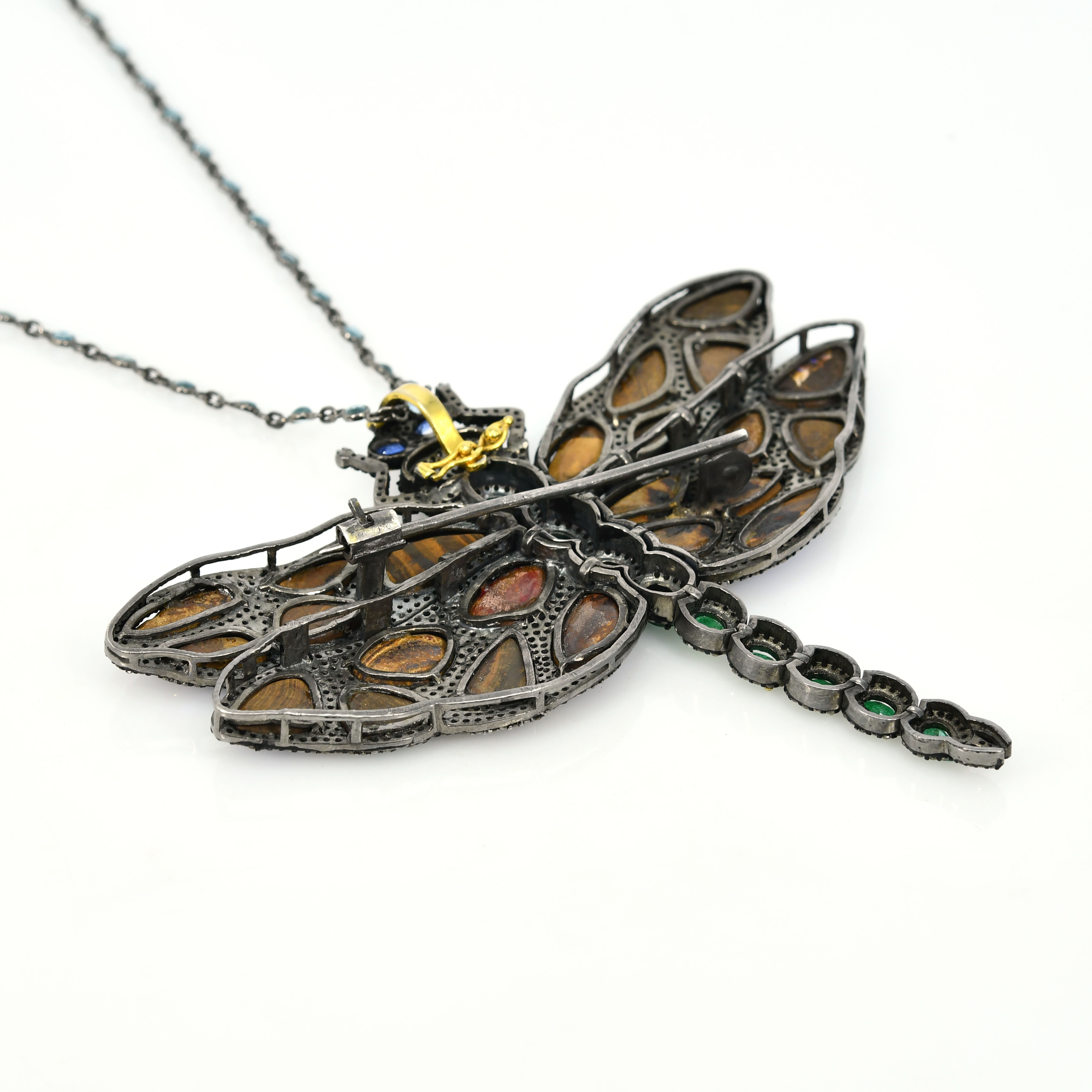 Victorian Dragonfly Pendant-Brooch with Kyanite, Emerald & Diamonds - Yellow Gold & Silver