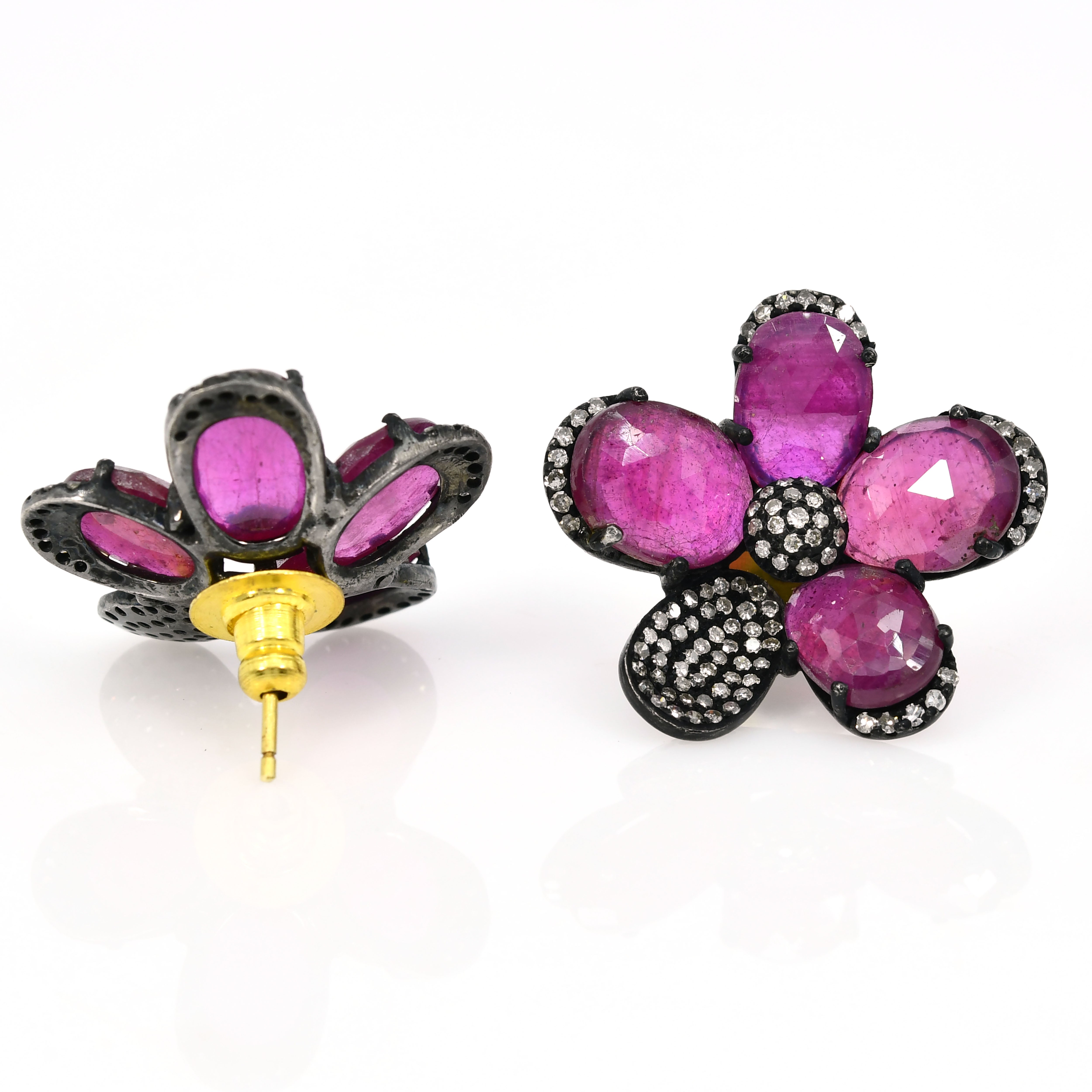 14k Yellow Gold Red Ruby & Diamond Flower Earrings - Vintage Style