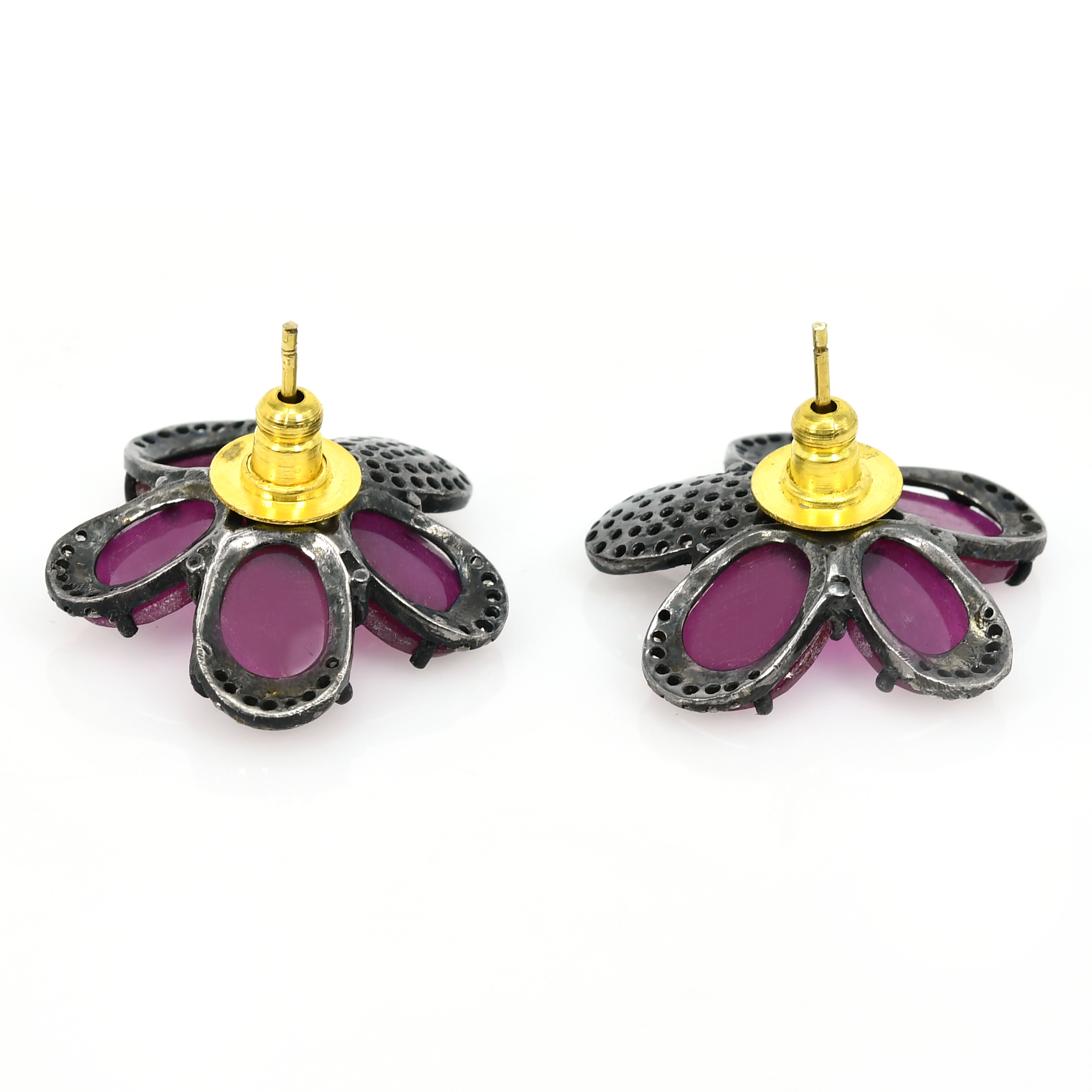 14k Yellow Gold Red Ruby & Diamond Flower Earrings - Vintage Style