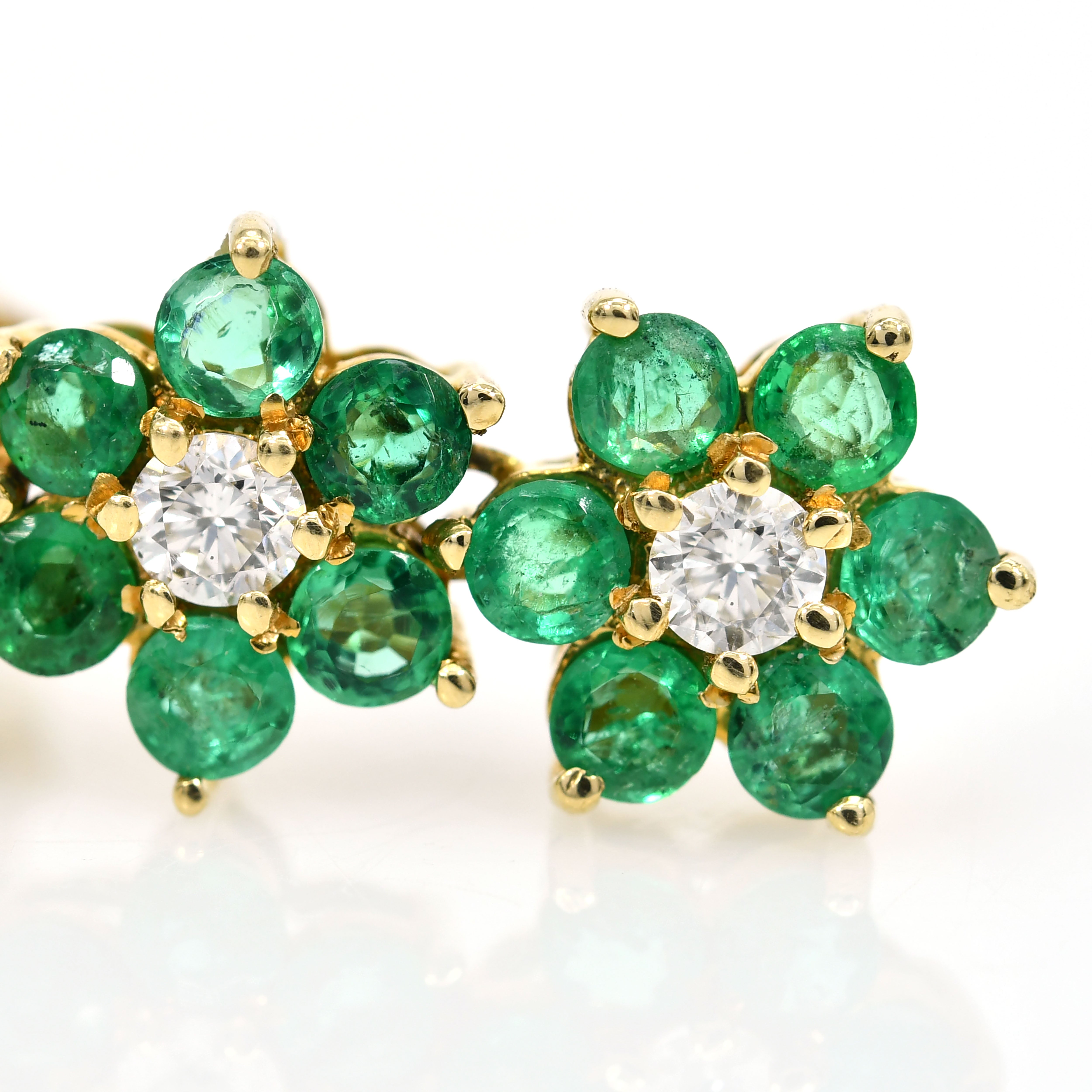 14k Yellow Gold Long Dangling Emerald & Diamond Earrings