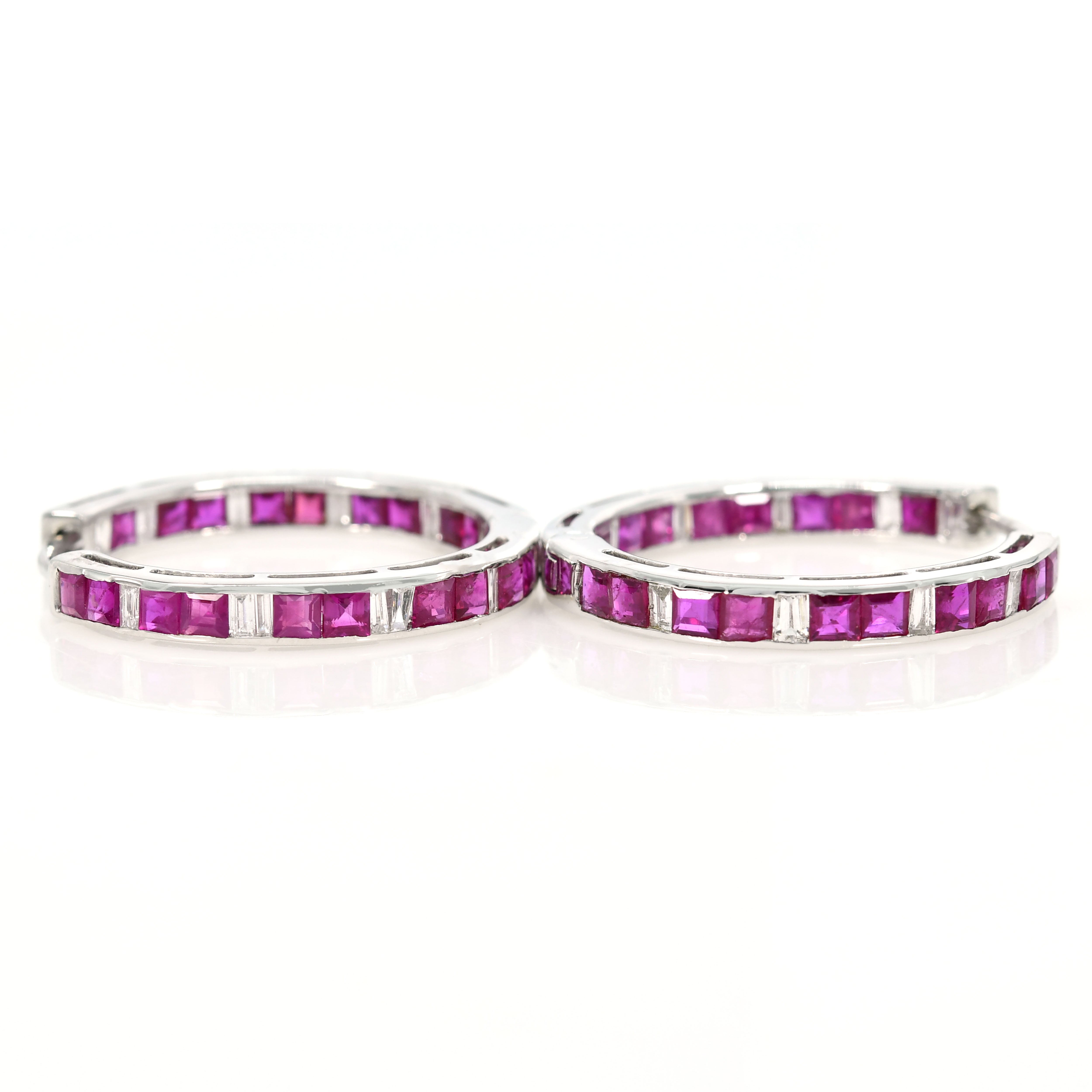 Natural Ruby Diamond Hoop Earrings, Huggie Hoops, 18k Solid White Gold, Thick in Baguette Tapered Cut