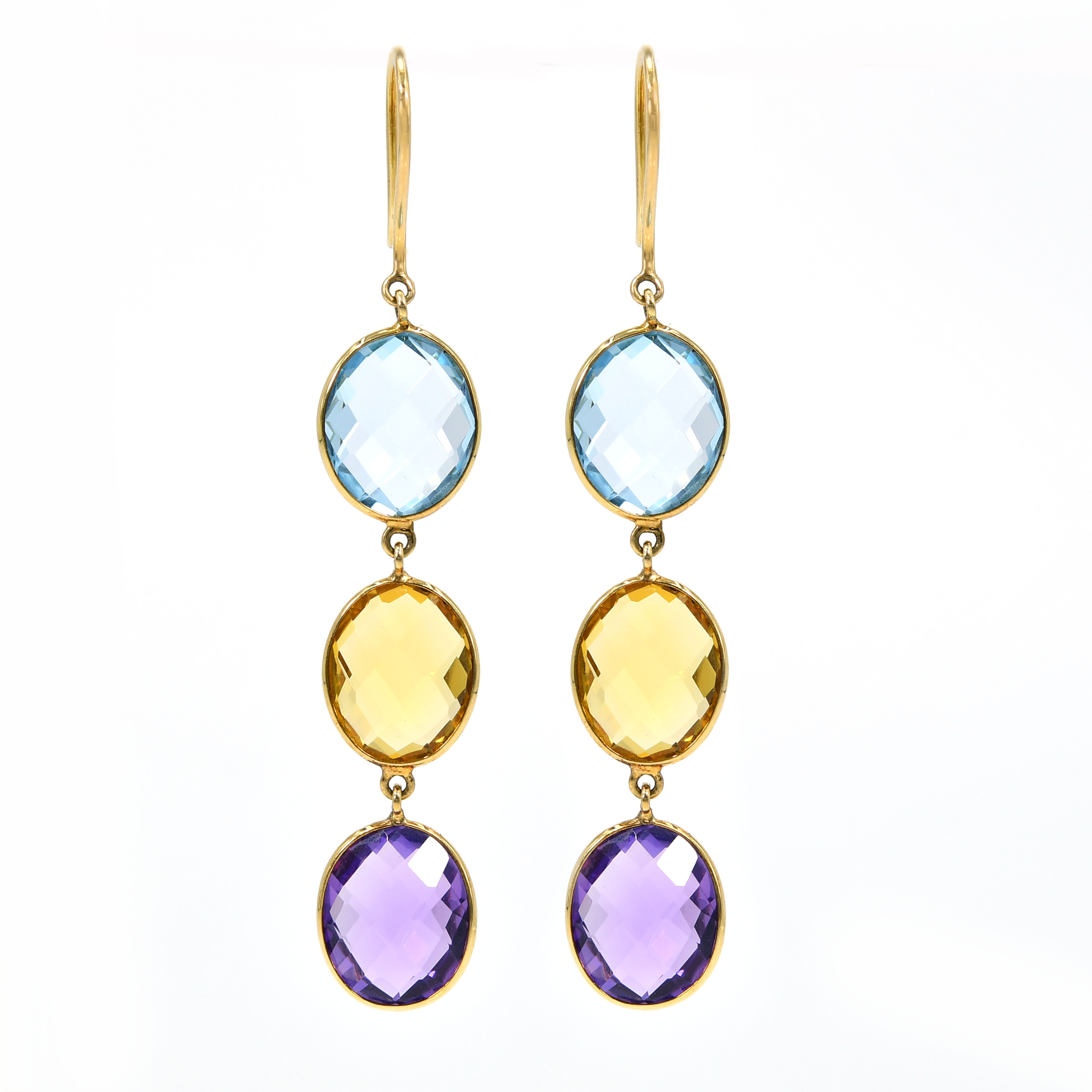 14k Gold Citrine Blue Topaz Amethyst Earrings