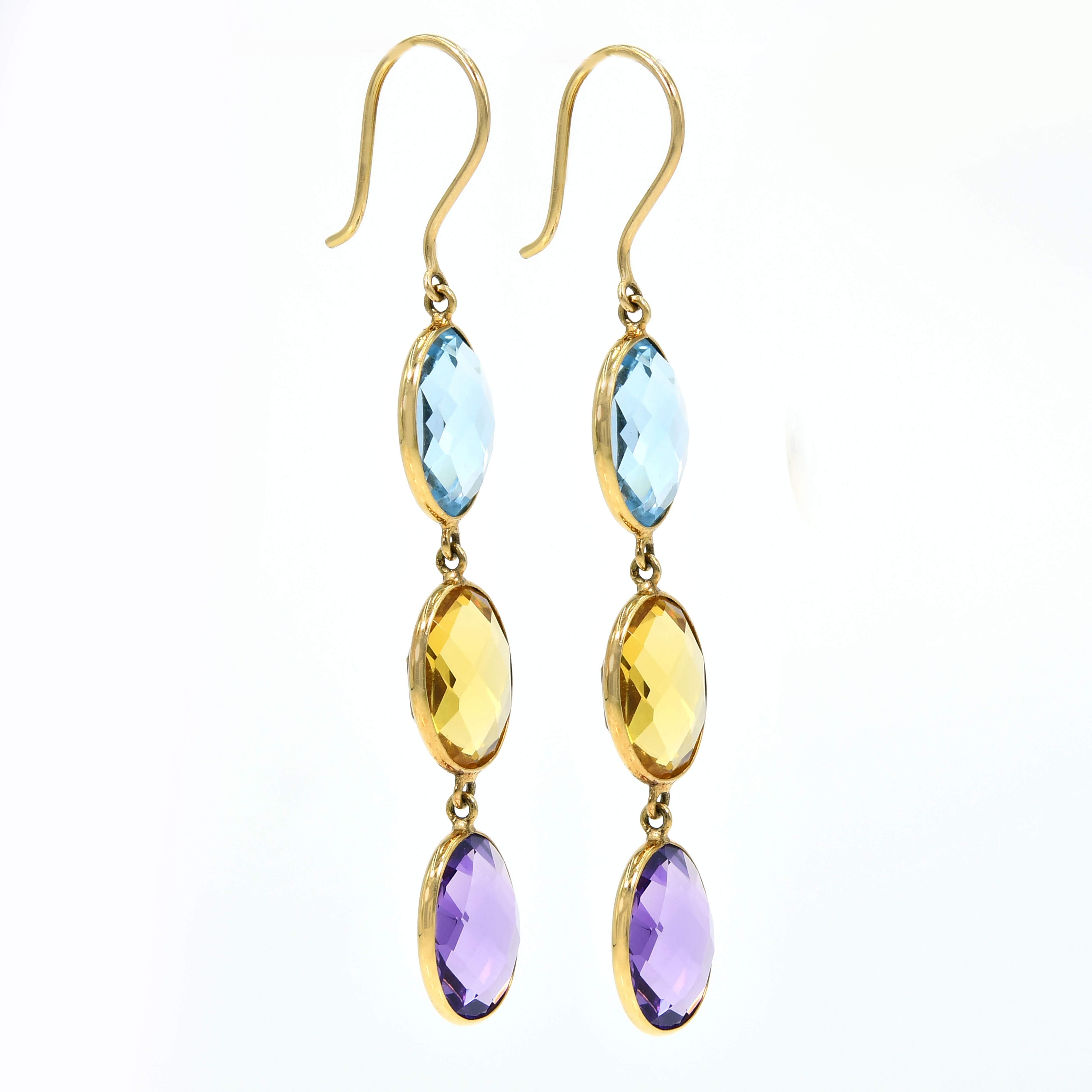 14k Gold Citrine Blue Topaz Amethyst Earrings