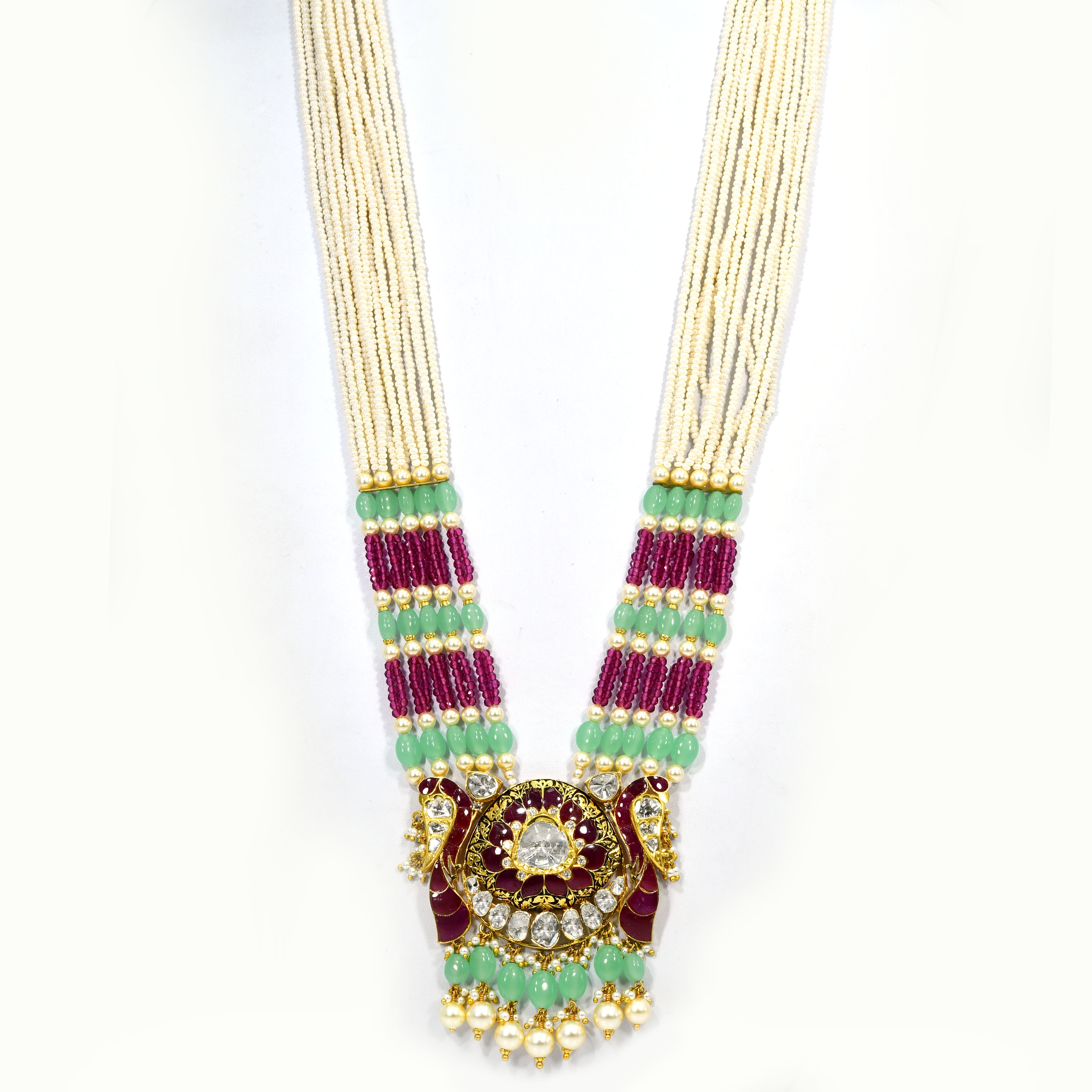 14k Yellow Gold Ruby Emerald Diamond Pearl Necklace