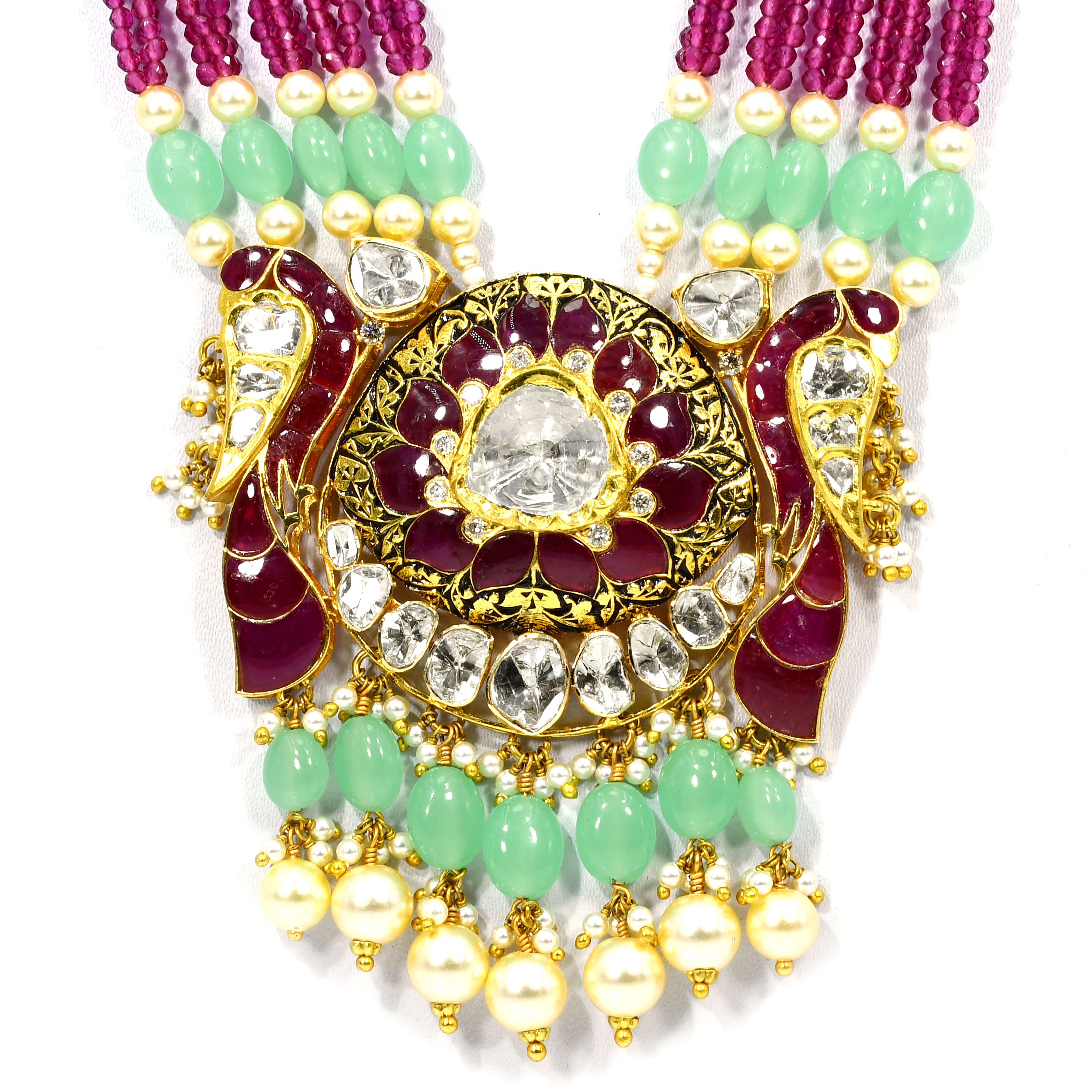 14k Yellow Gold Ruby Emerald Diamond Pearl Necklace