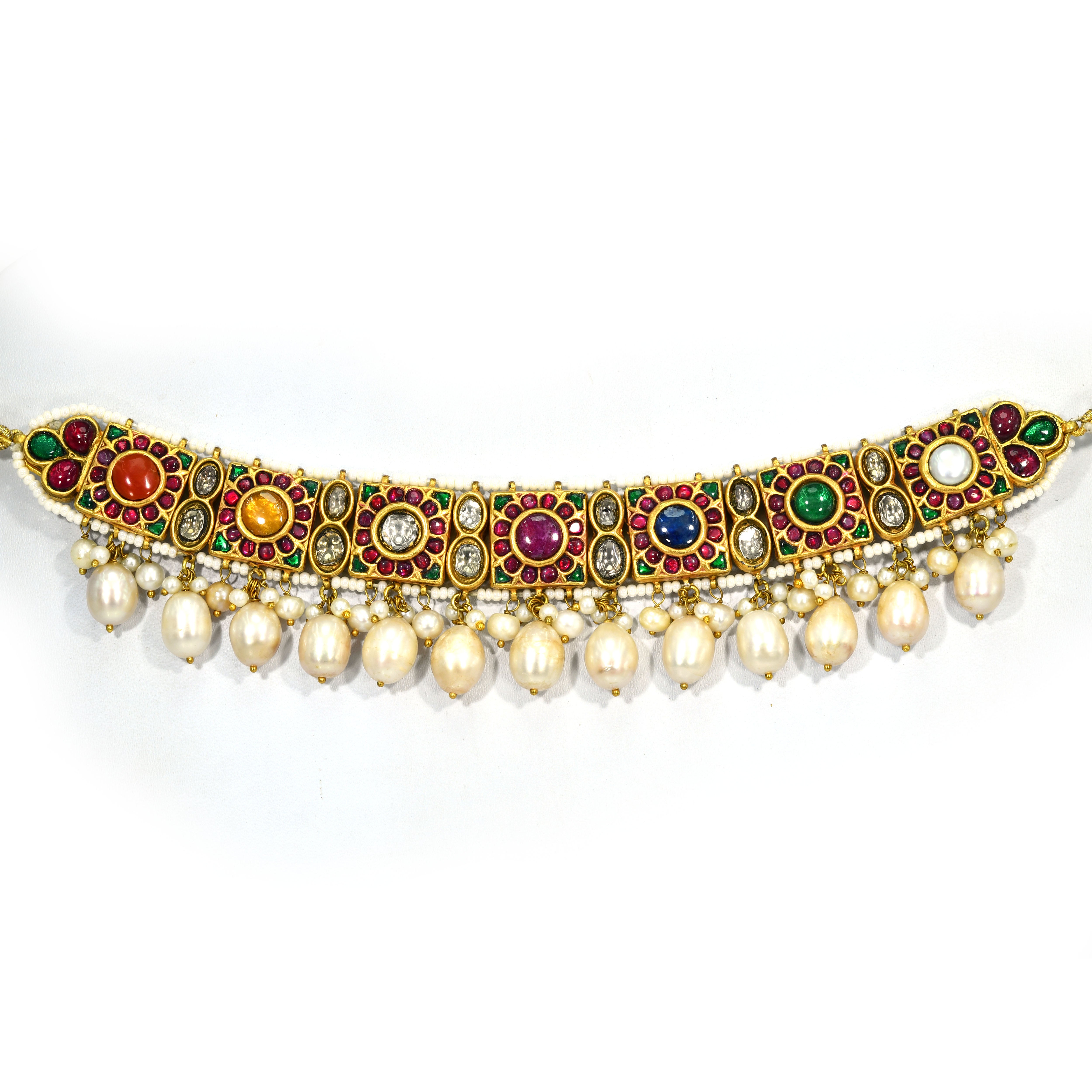 14k Gold Ruby Emerald Diamond Pearl Choker Necklace