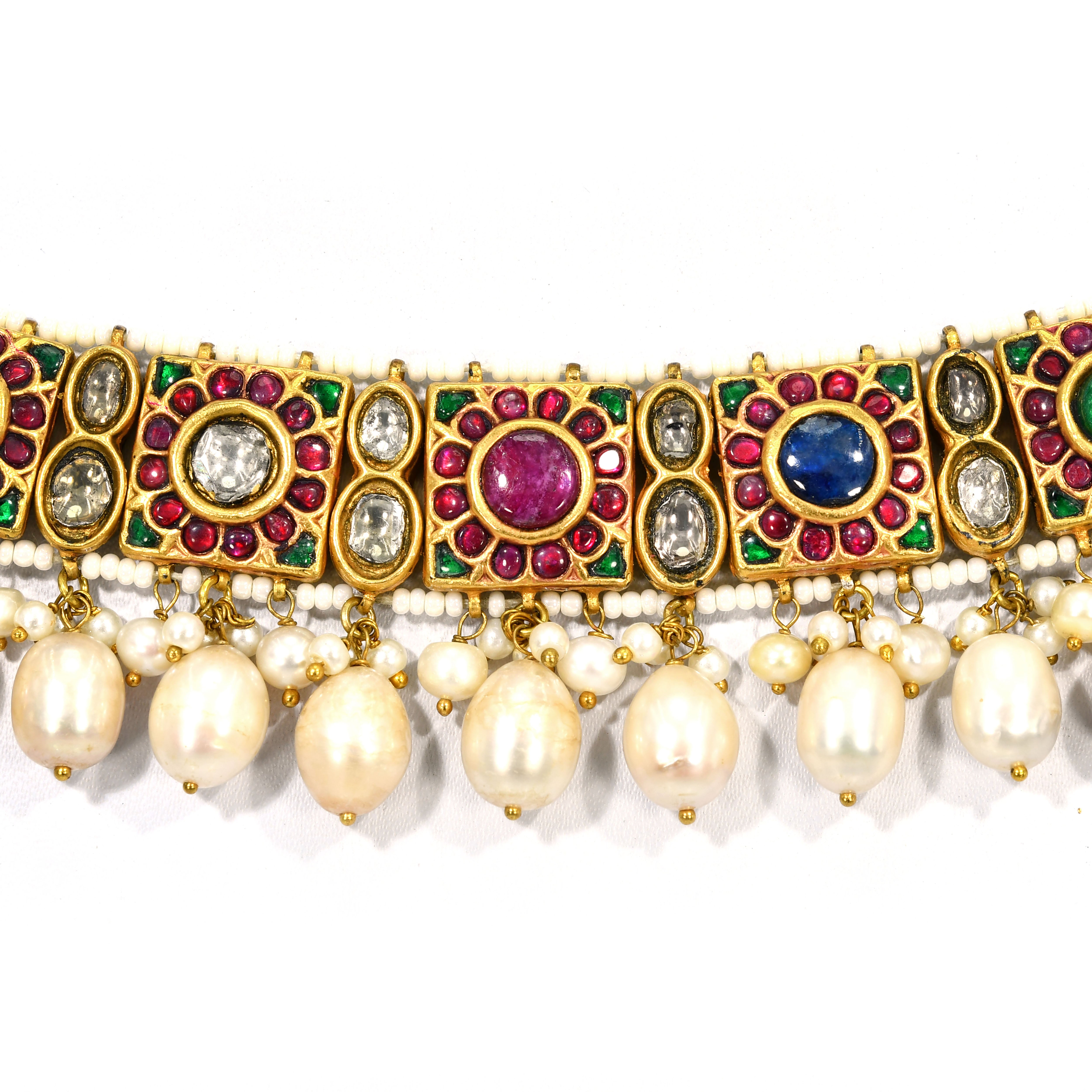 14k Gold Ruby Emerald Diamond Pearl Choker Necklace
