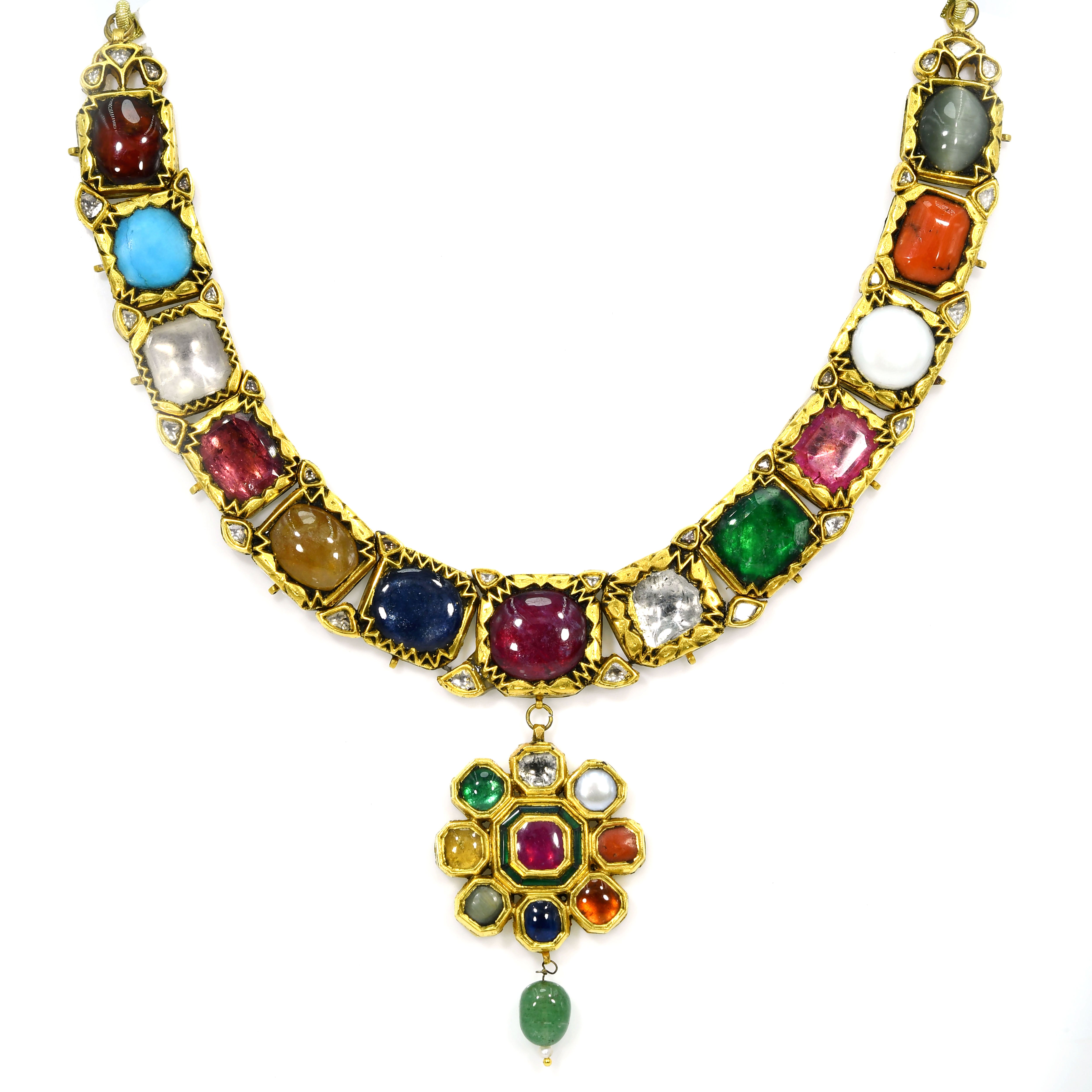 14k Gold Navratna Necklace Ruby Emerald Diamond Pearl