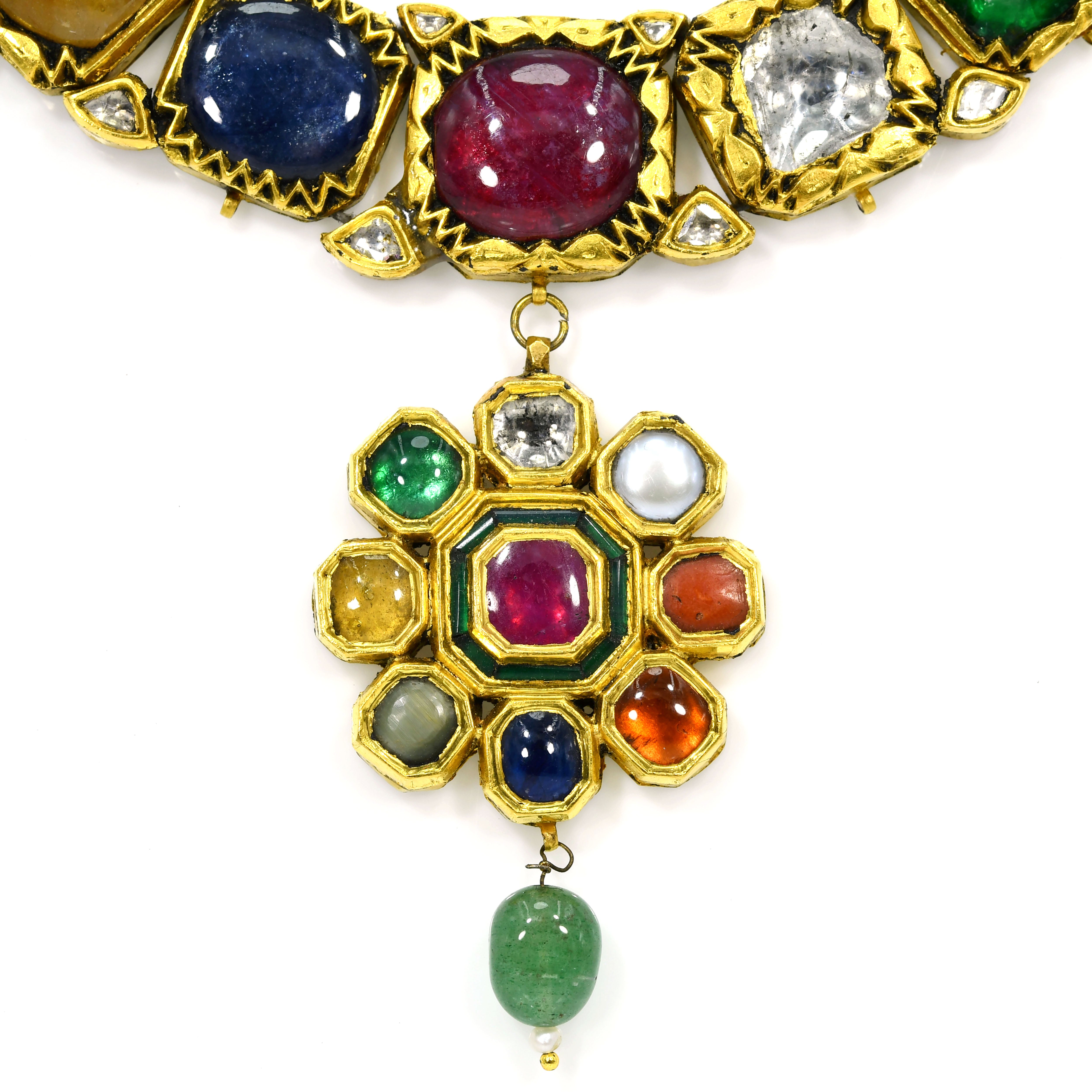 14k Gold Navratna Necklace Ruby Emerald Diamond Pearl