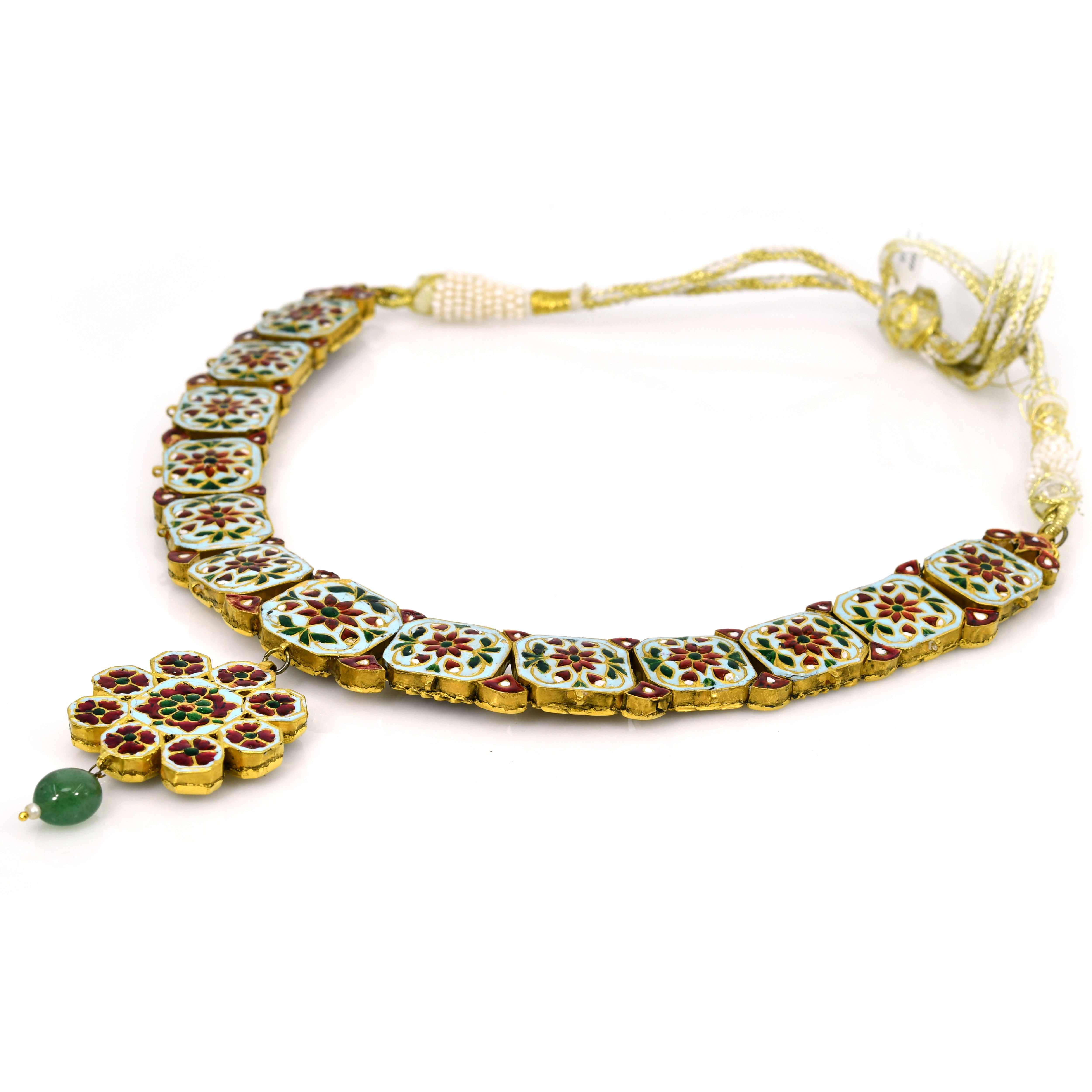 14k Gold Navratna Necklace Ruby Emerald Diamond Pearl