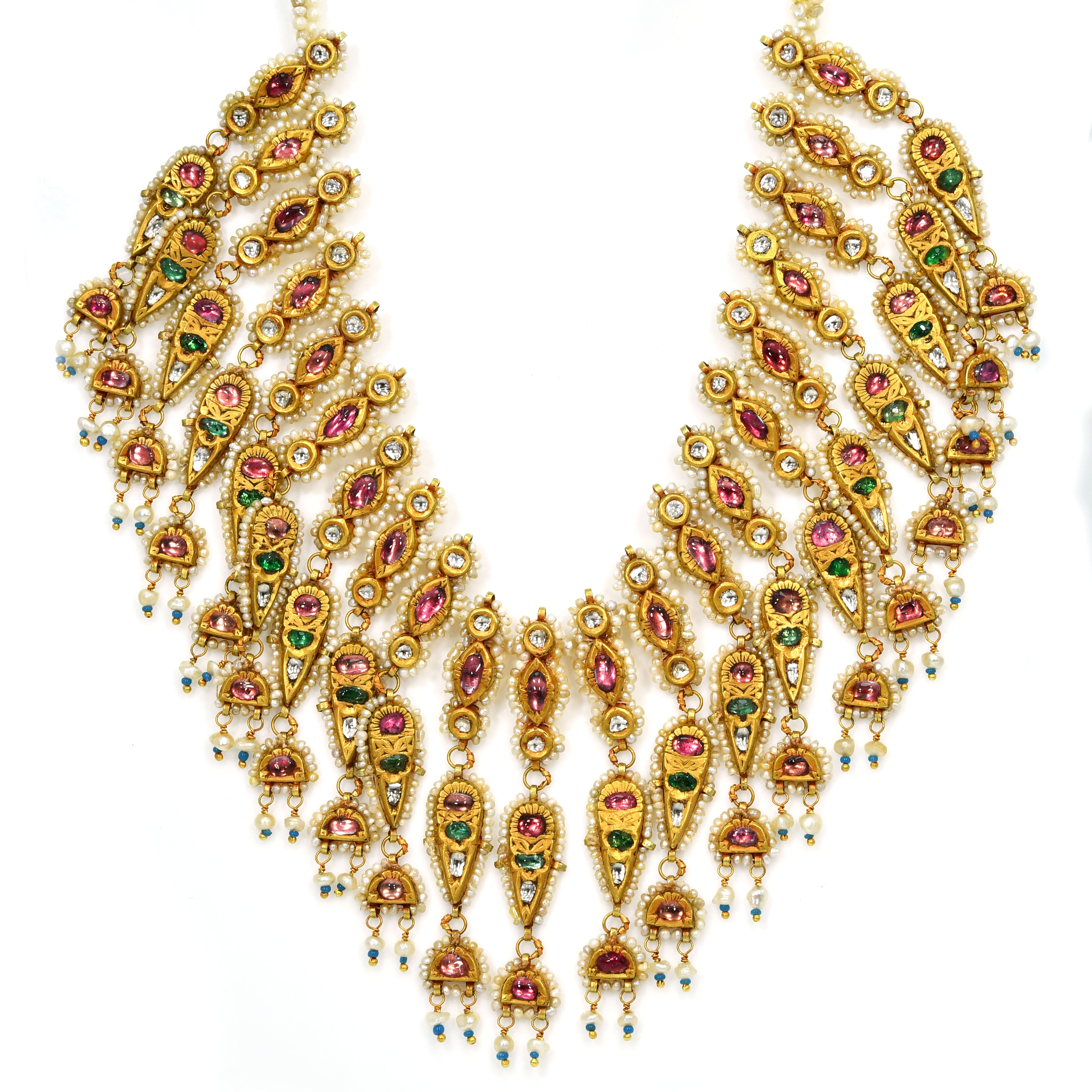 18k Yellow Gold Ruby Emerald Diamond Pearl Kundan Necklace