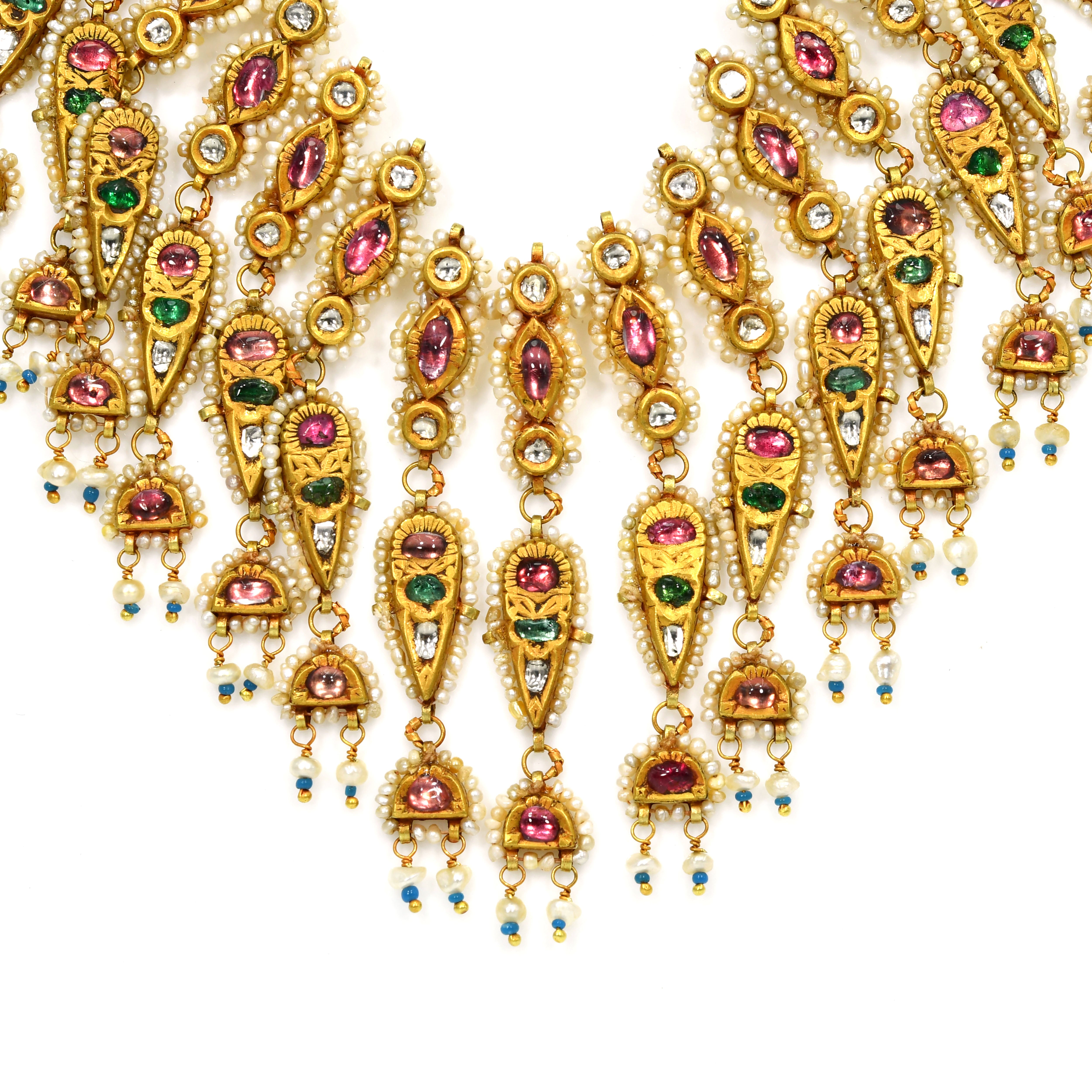 18k Yellow Gold Ruby Emerald Diamond Pearl Kundan Necklace
