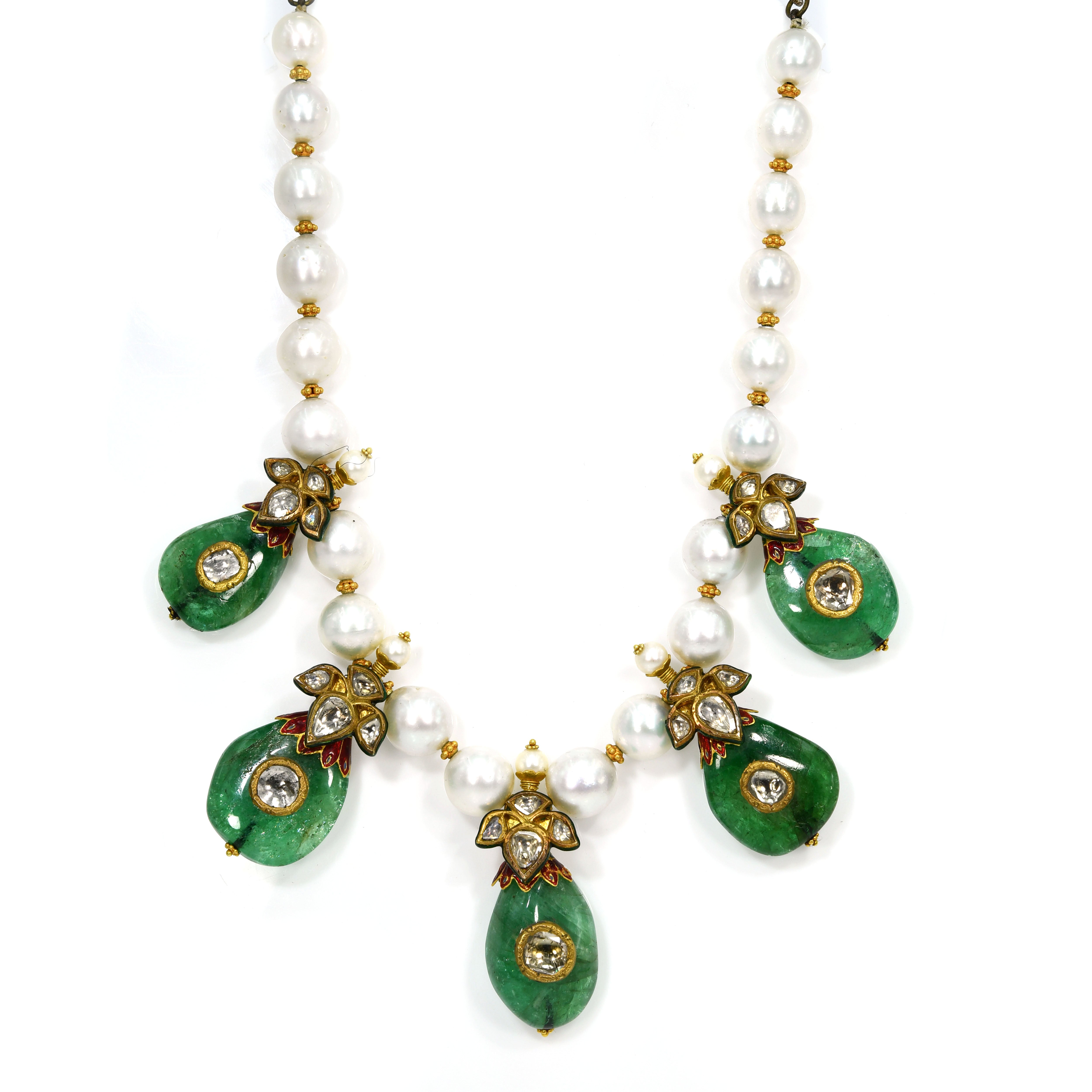 18k Gold Kundan Enamel Emerald Diamond Pearl Necklace