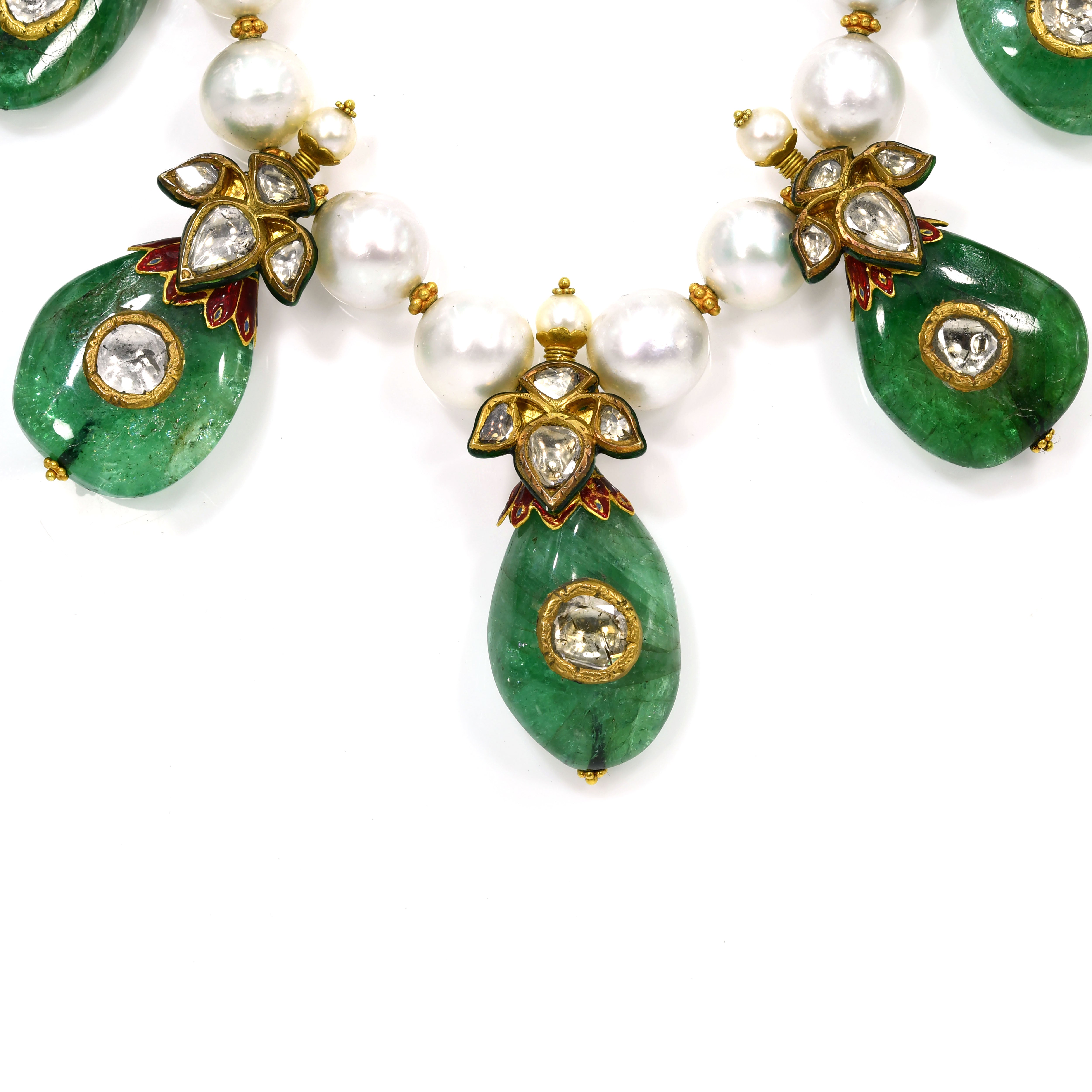 18k Gold Kundan Enamel Emerald Diamond Pearl Necklace