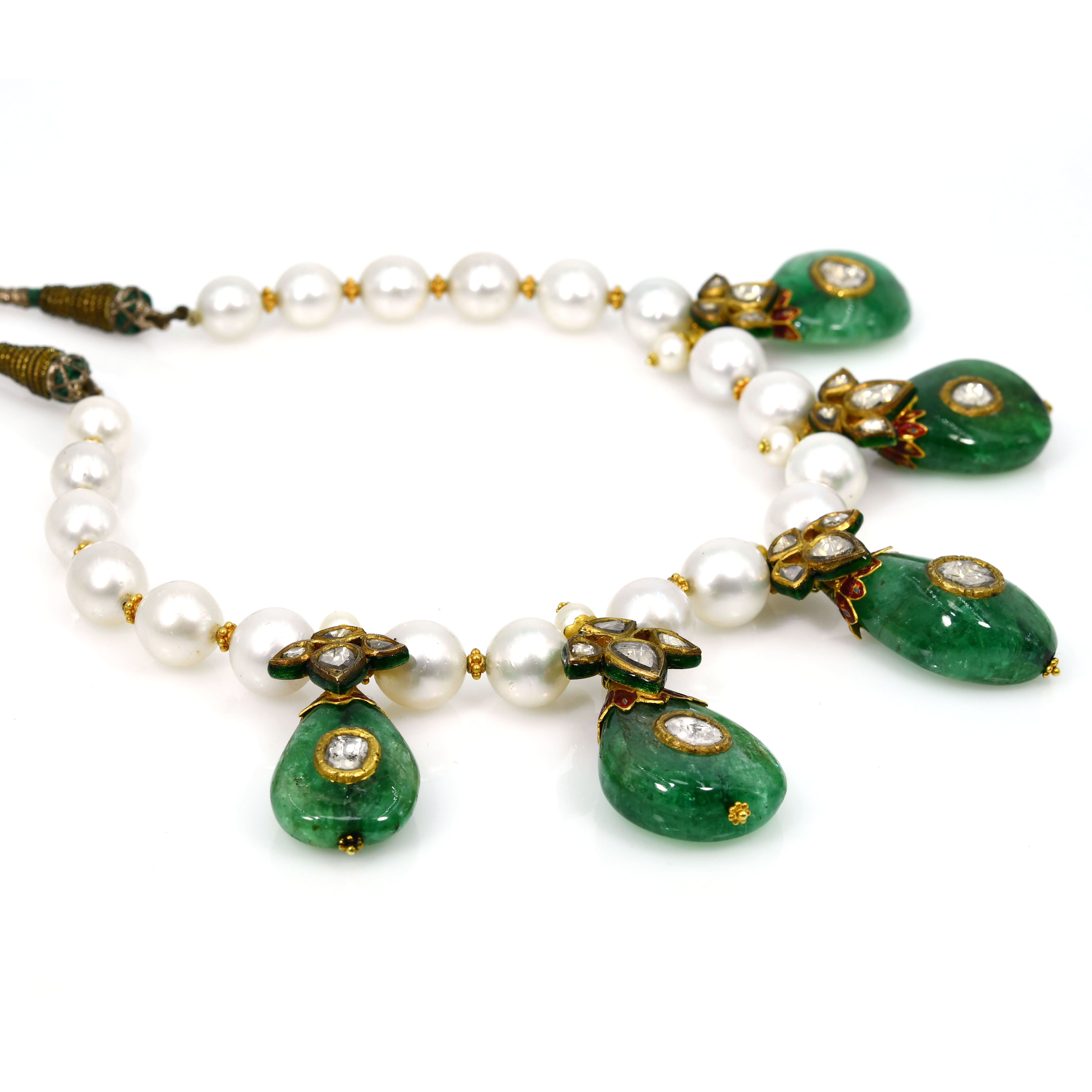 18k Gold Kundan Enamel Emerald Diamond Pearl Necklace