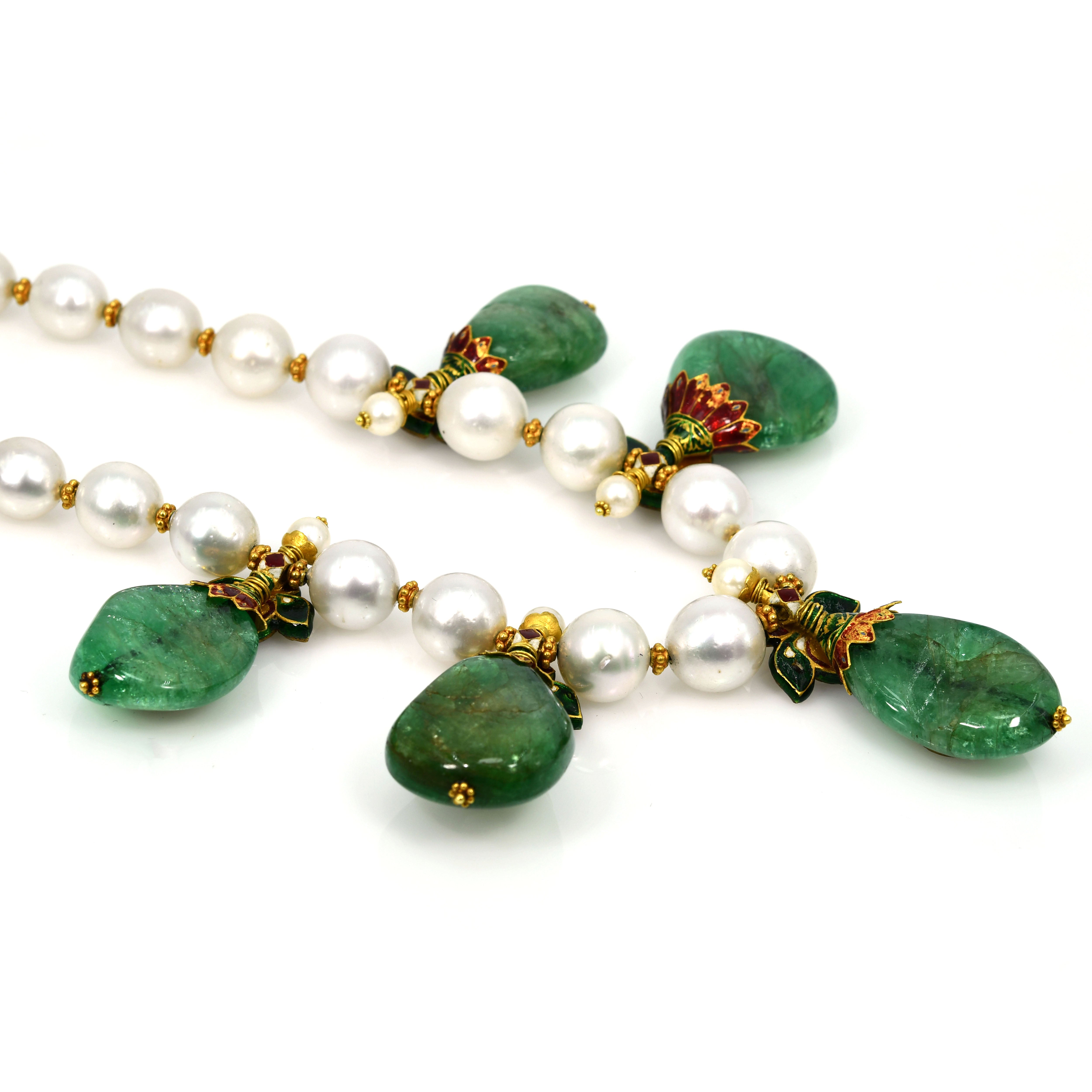 18k Gold Kundan Enamel Emerald Diamond Pearl Necklace