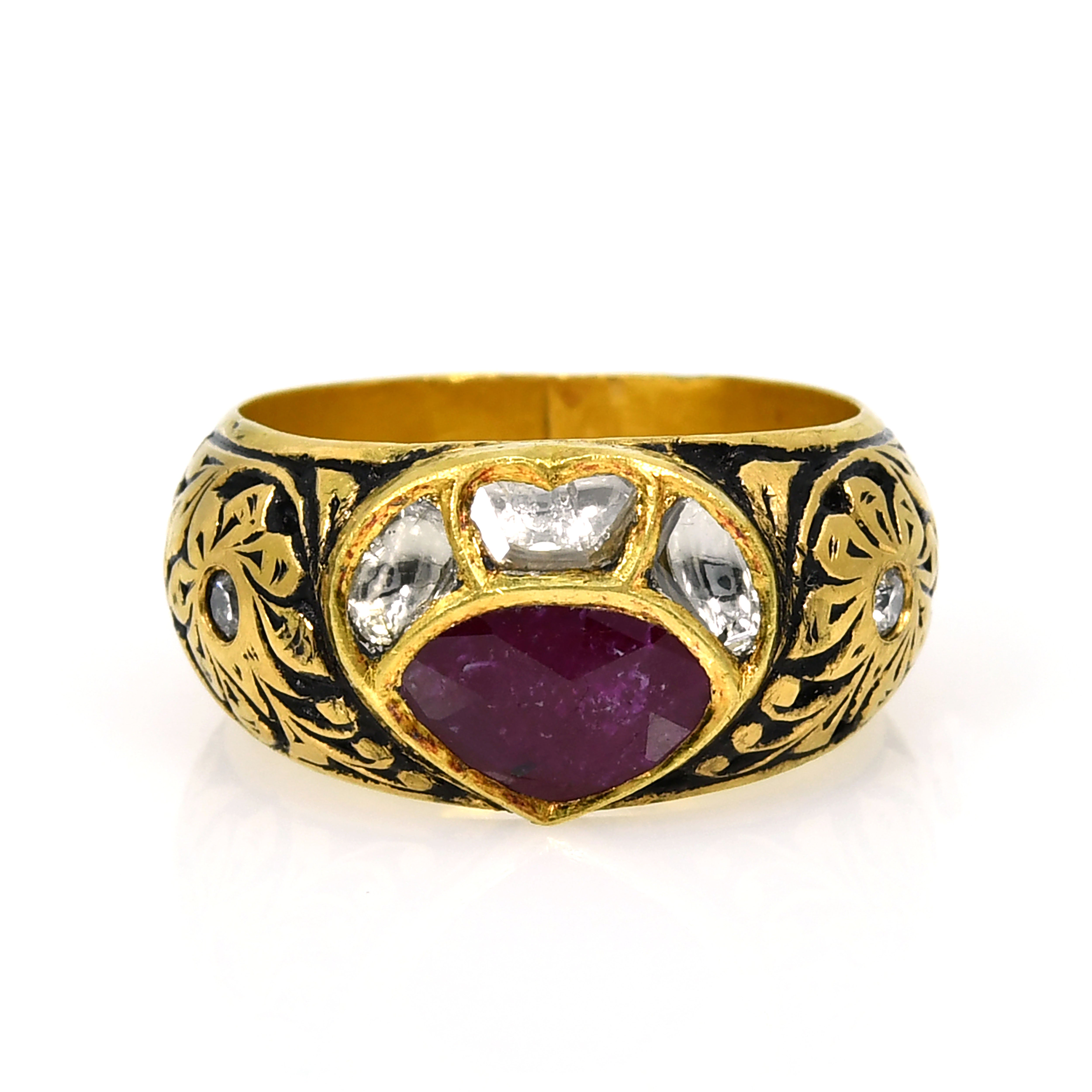 18k Gold Pear Cut Ruby Polki Diamond Ring