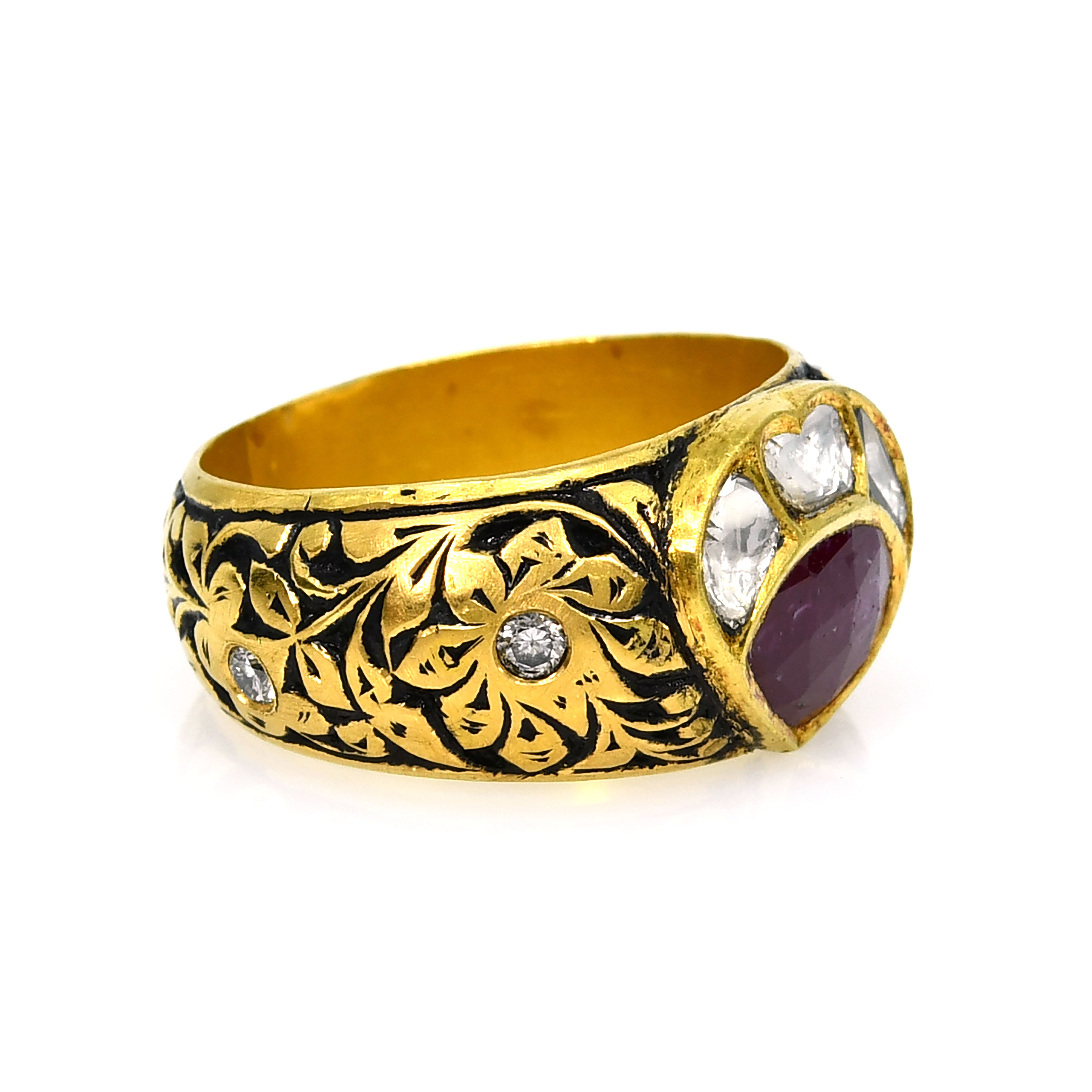 18k Gold Pear Cut Ruby Polki Diamond Ring