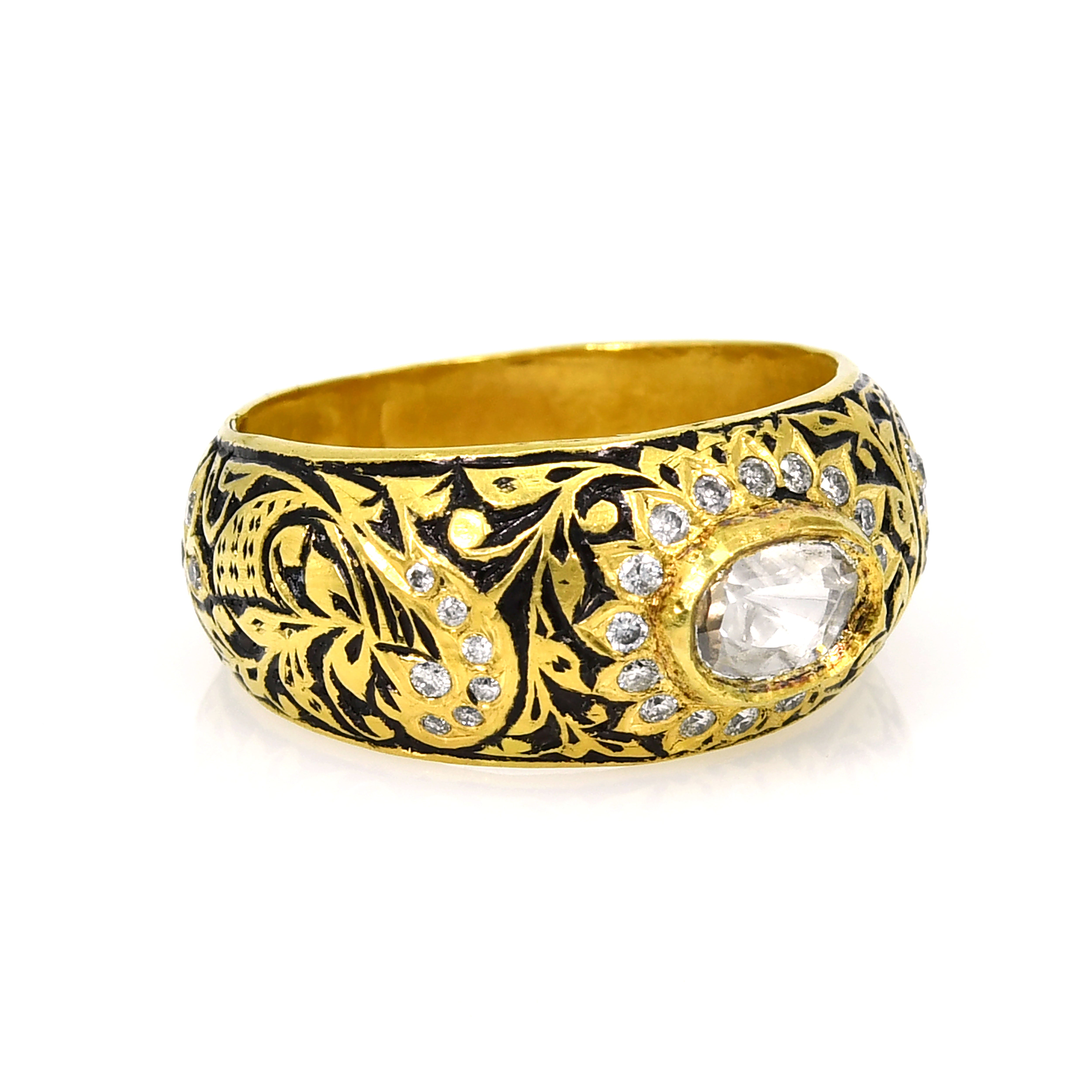 18k Gold Hand Engraved Diamond Ring