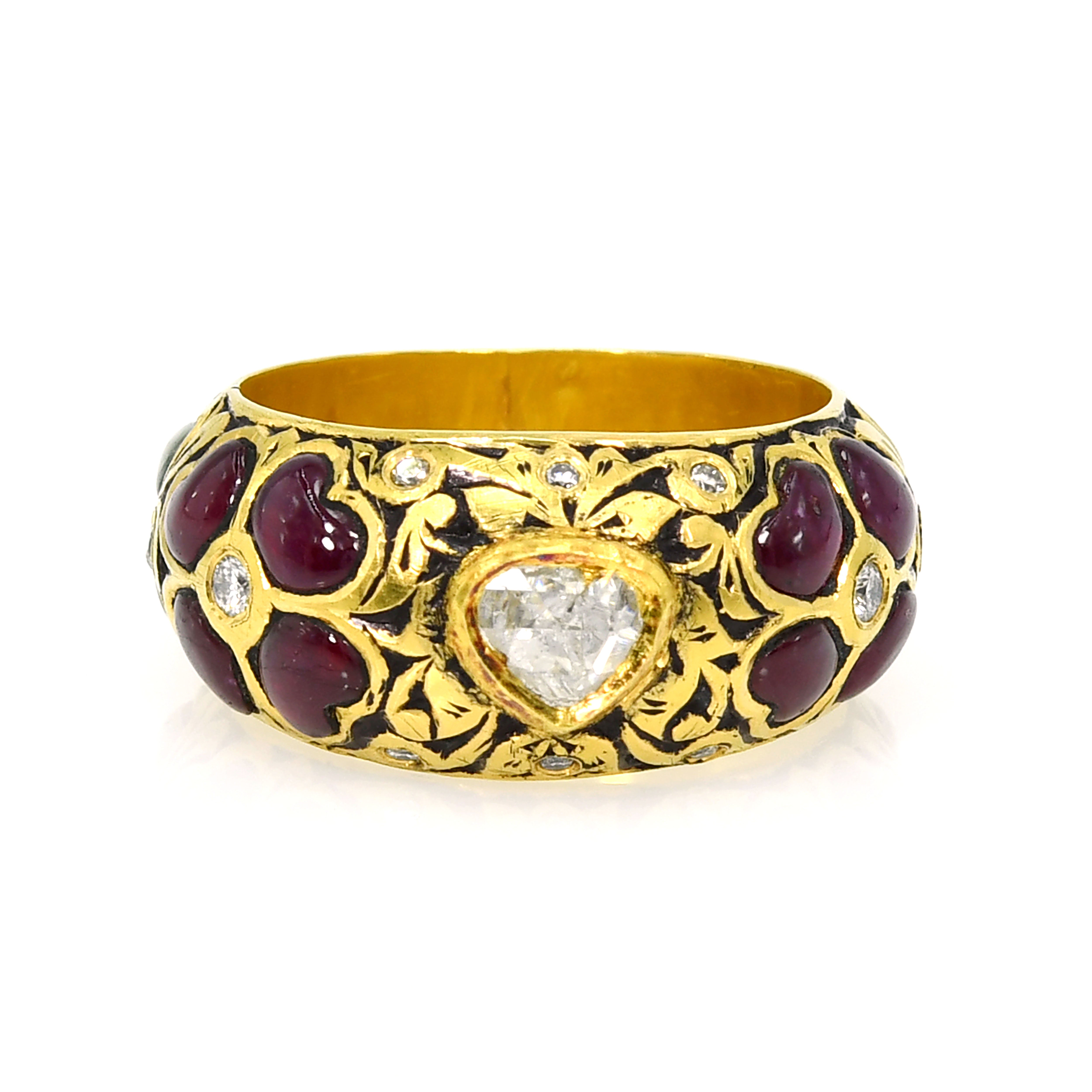 18k Yellow Gold Polki Diamond Ruby Meenakari Ring