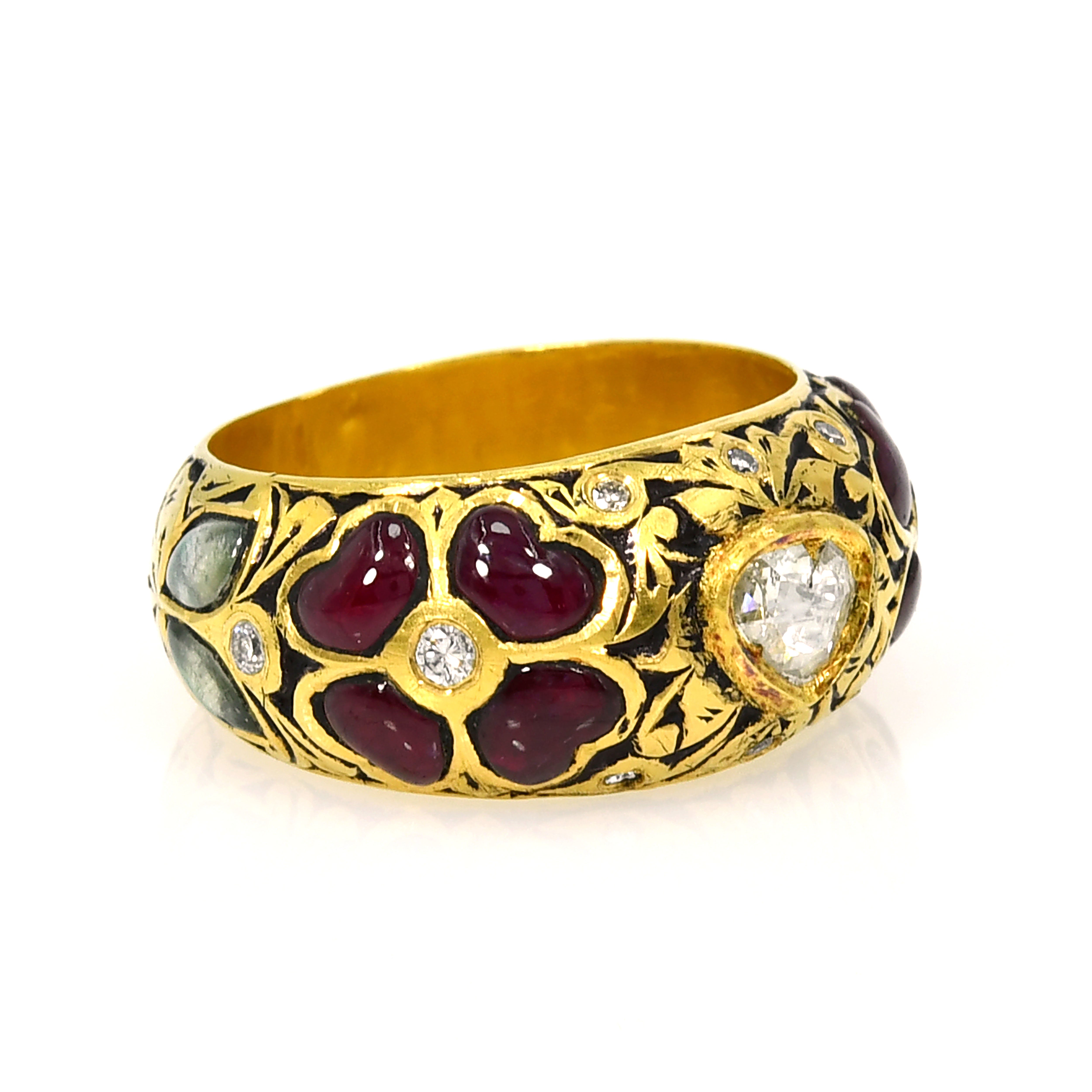 18k Yellow Gold Polki Diamond Ruby Meenakari Ring