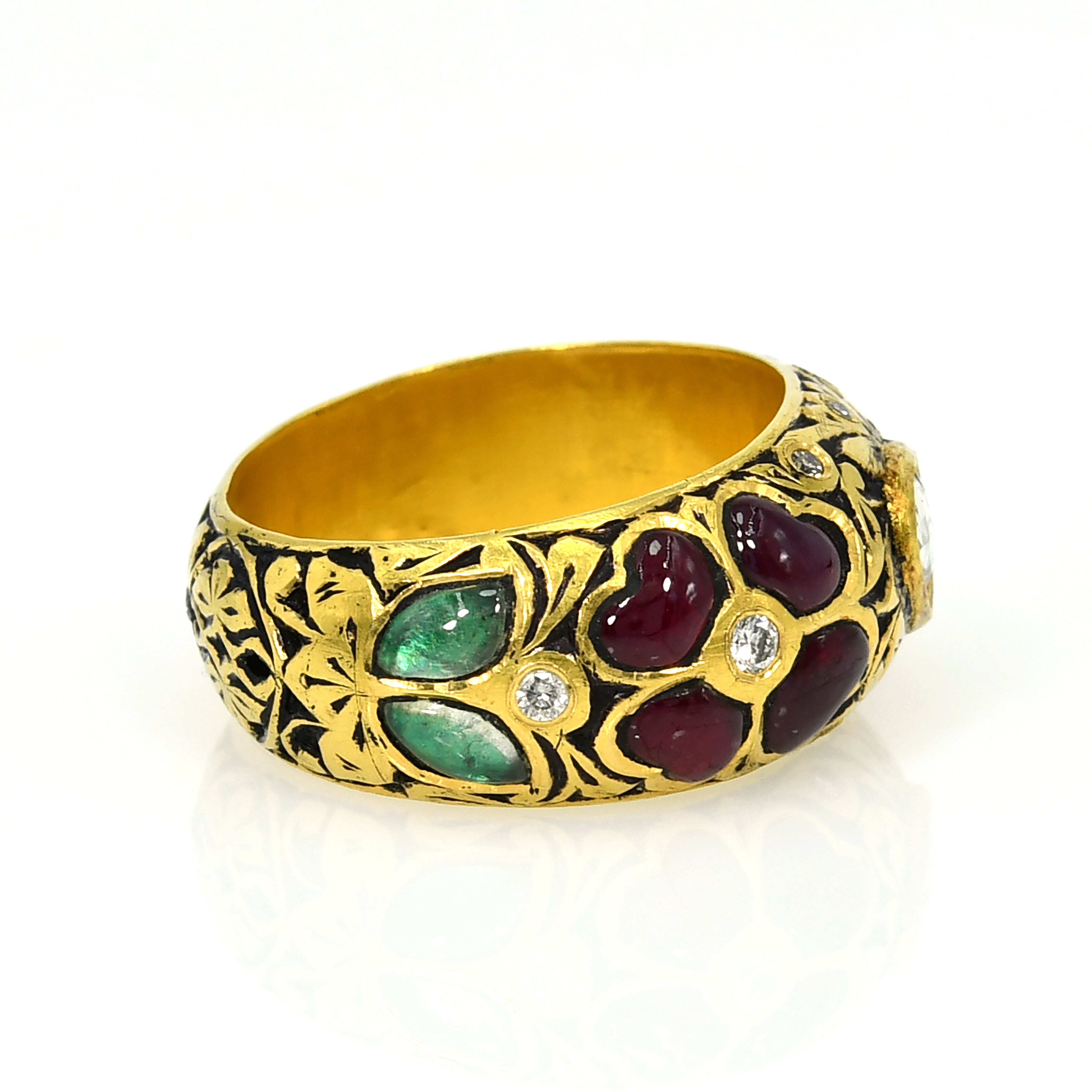 18k Yellow Gold Polki Diamond Ruby Meenakari Ring