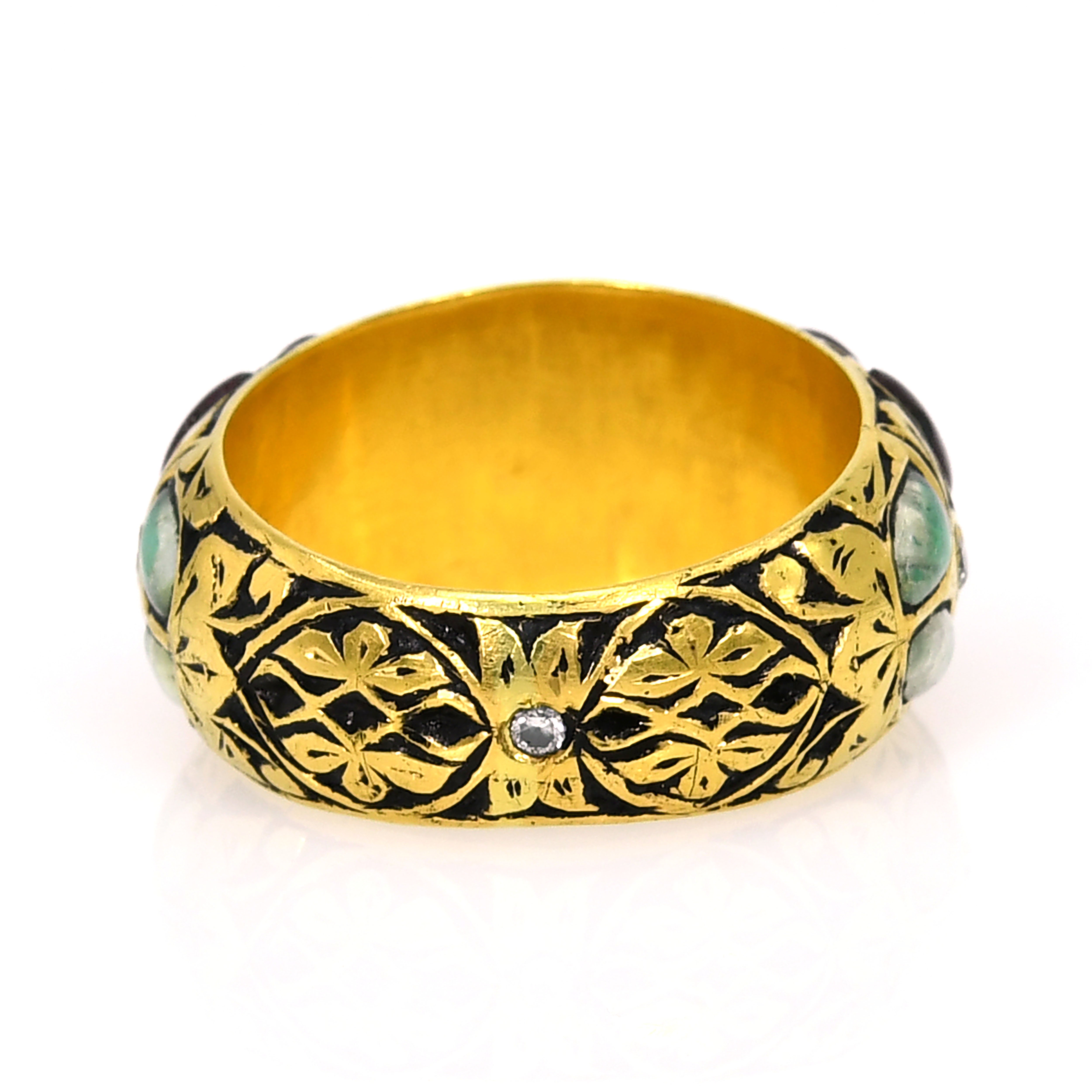18k Yellow Gold Polki Diamond Ruby Meenakari Ring