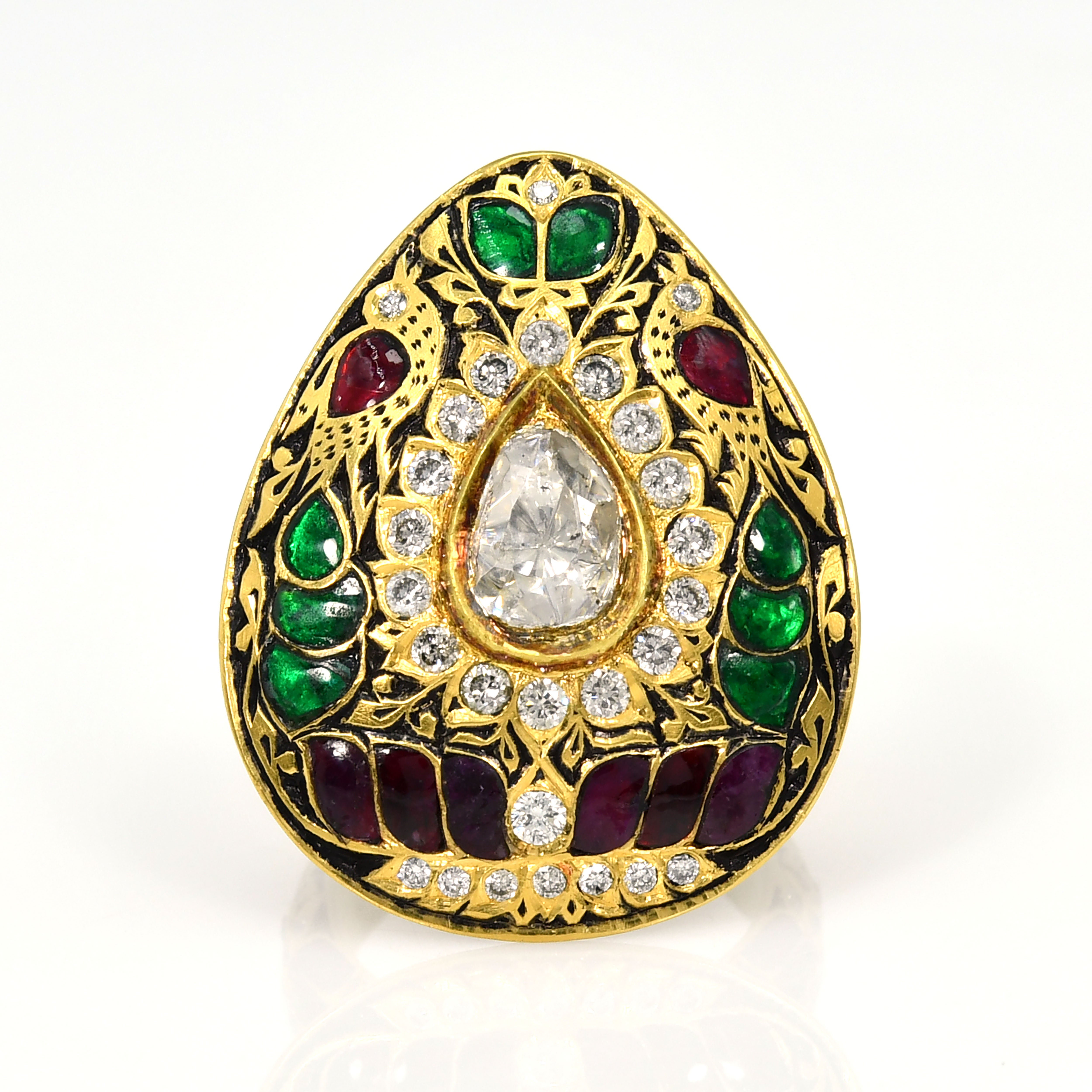 18k Yellow Gold Pear Emerald & Ruby Diamond Ring Bridal / Anniversary