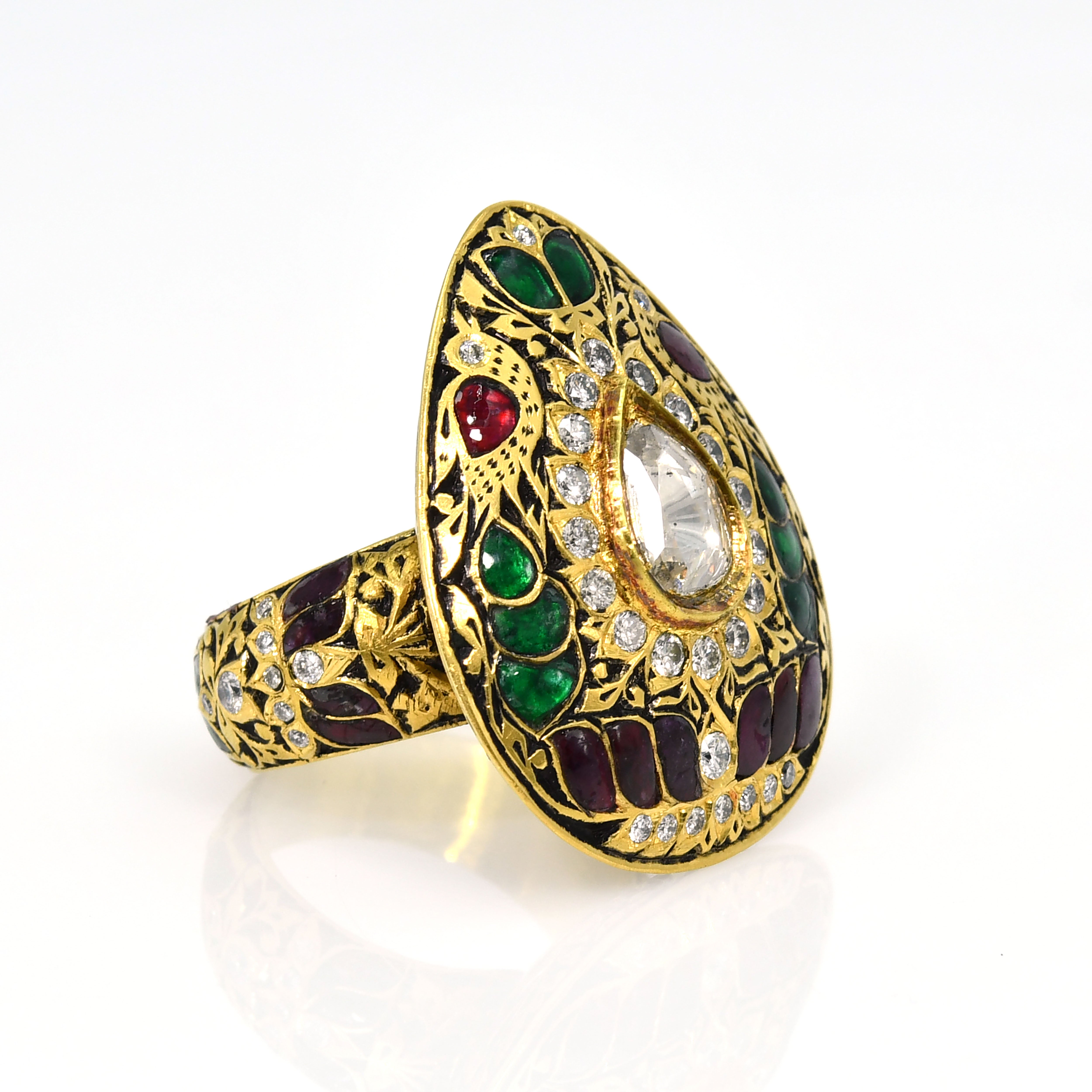 18k Yellow Gold Pear Emerald & Ruby Diamond Ring Bridal / Anniversary