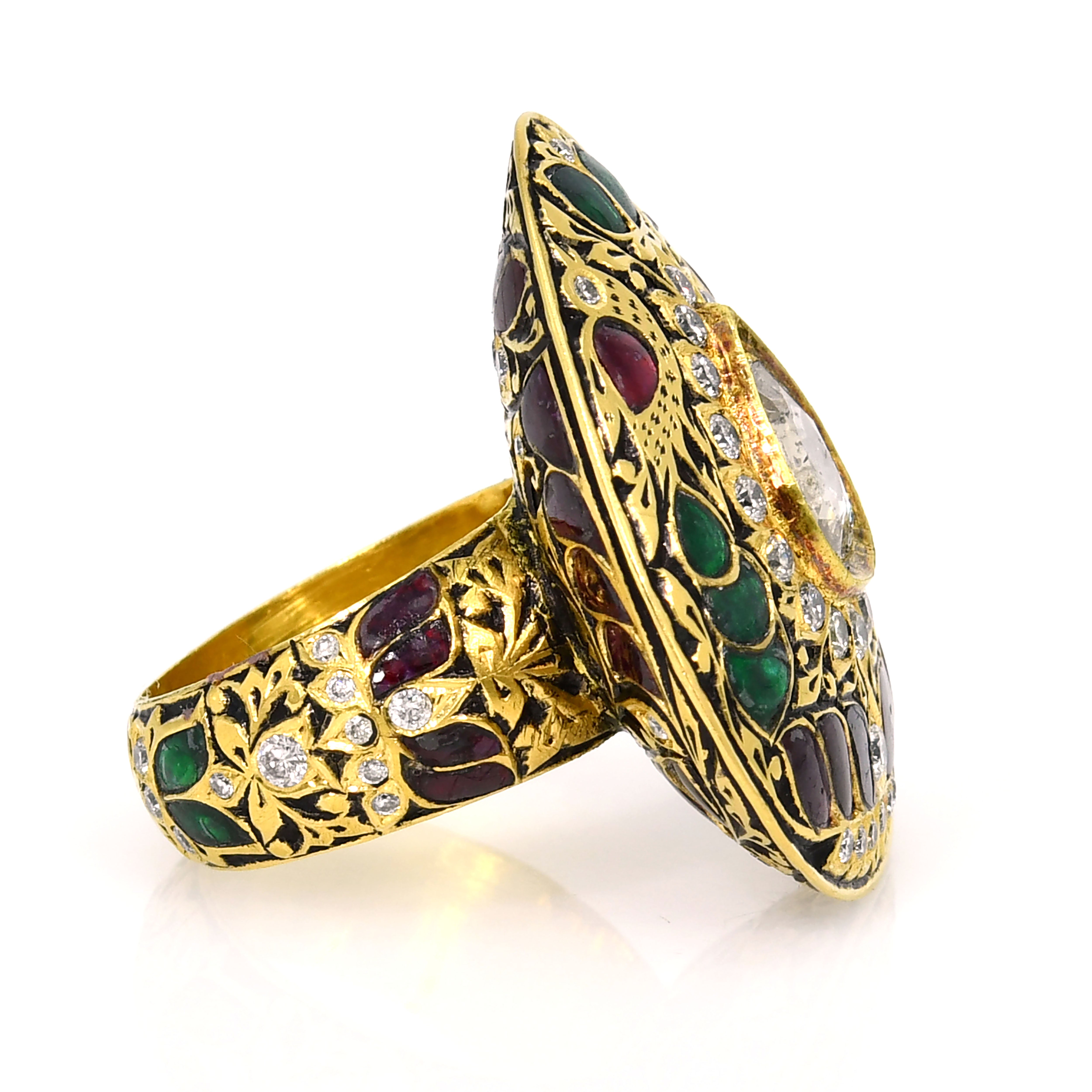 18k Yellow Gold Pear Emerald & Ruby Diamond Ring Bridal / Anniversary