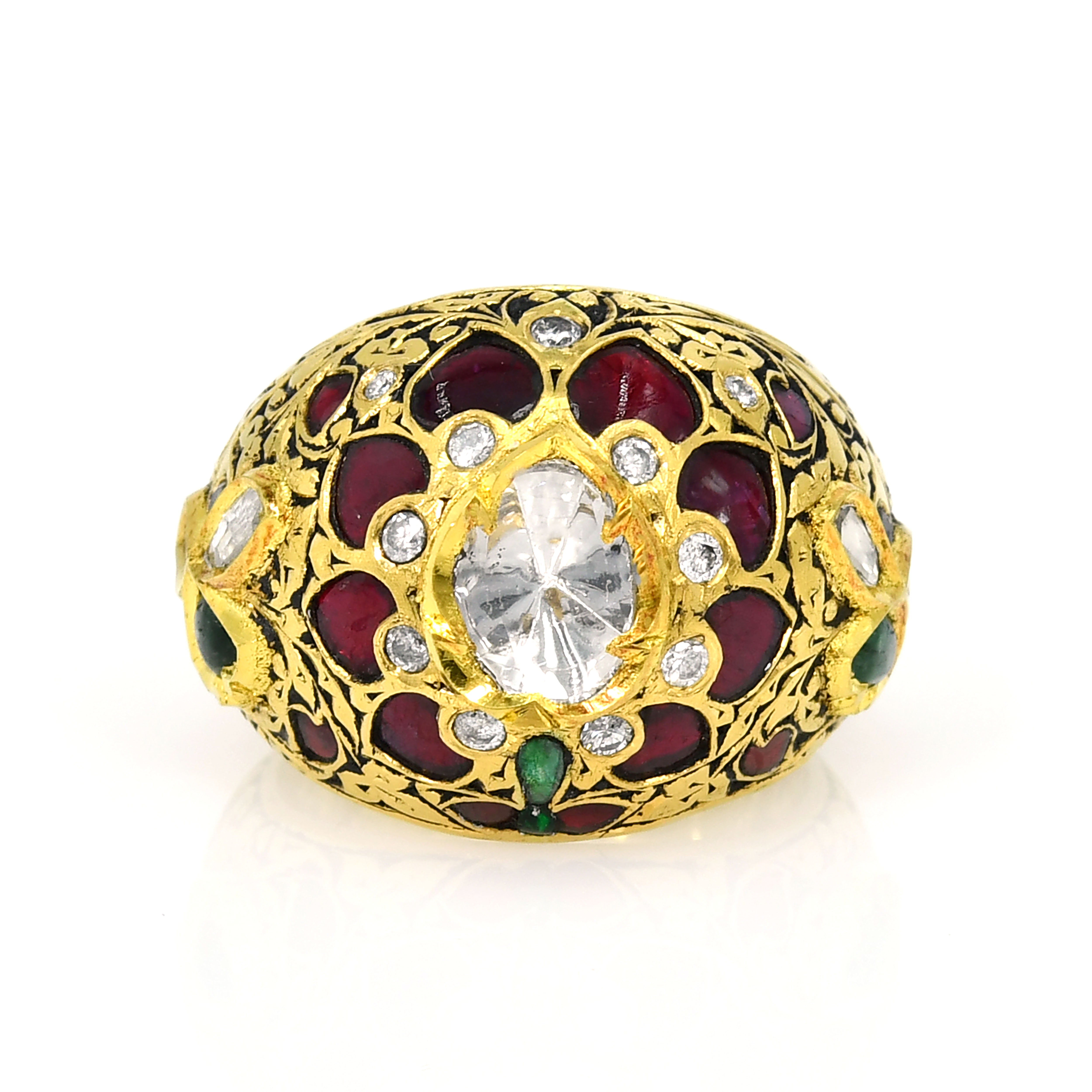 18k Yellow Gold Wide Band Ruby, Emerald & Diamond Ring