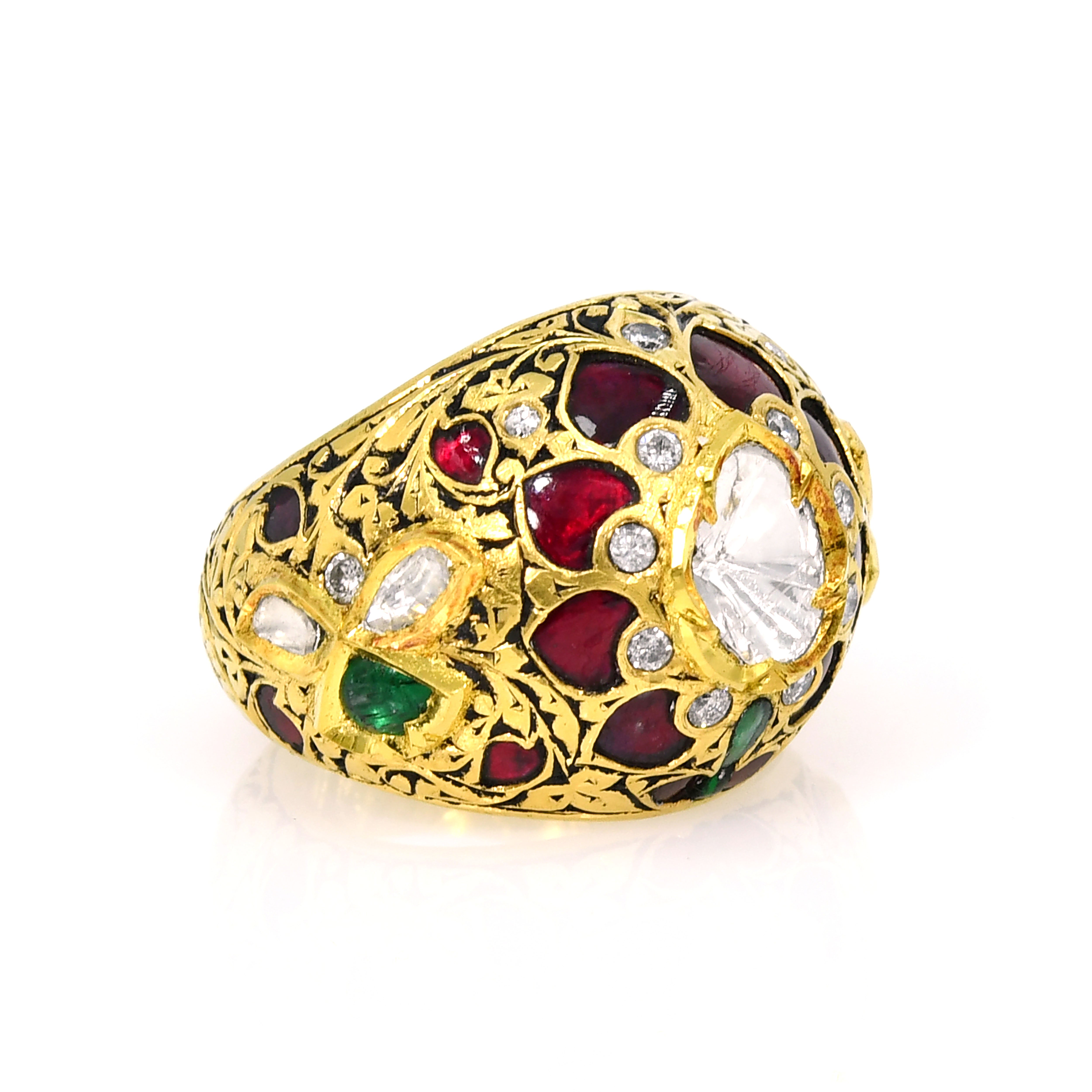 18k Yellow Gold Wide Band Ruby, Emerald & Diamond Ring