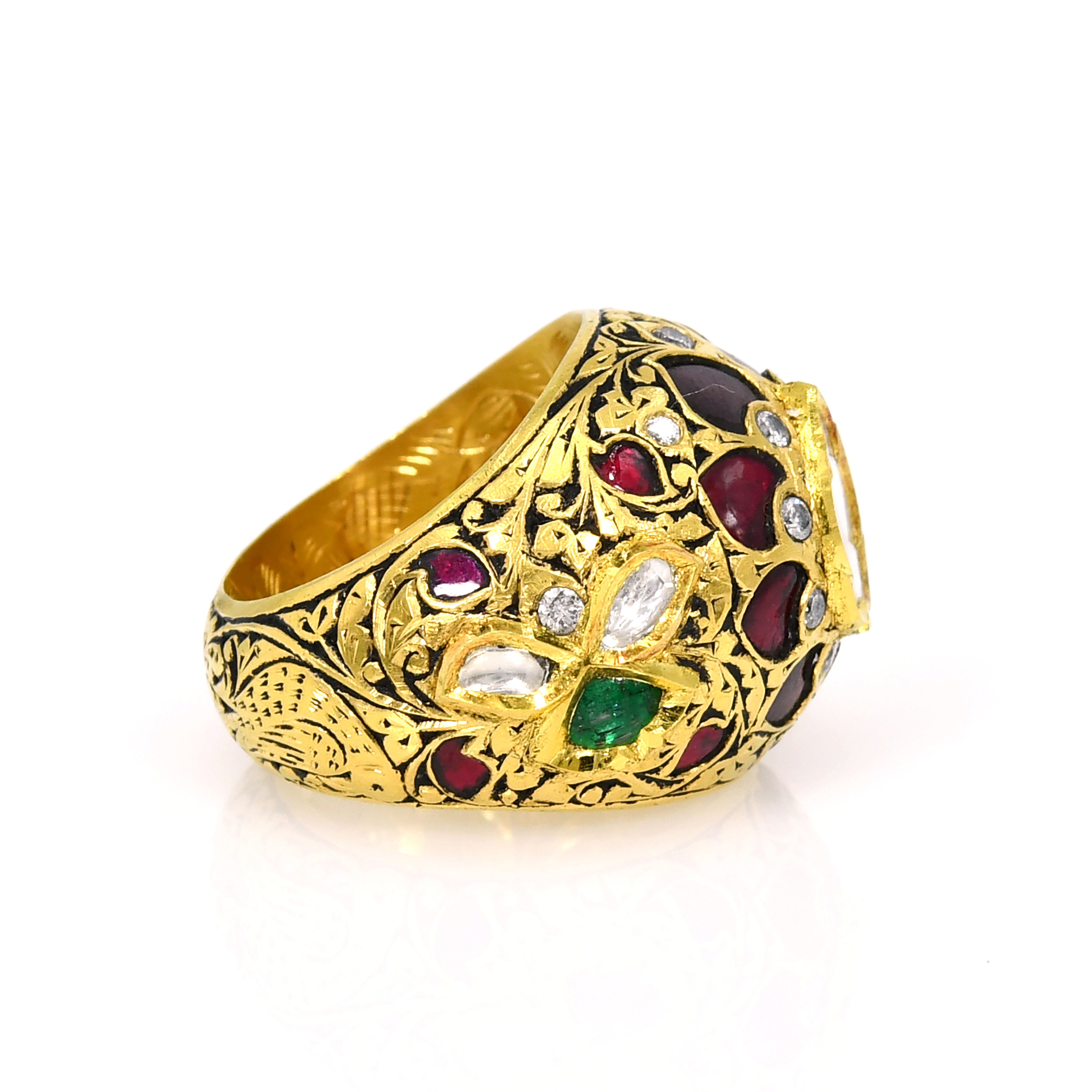 18k Yellow Gold Wide Band Ruby, Emerald & Diamond Ring