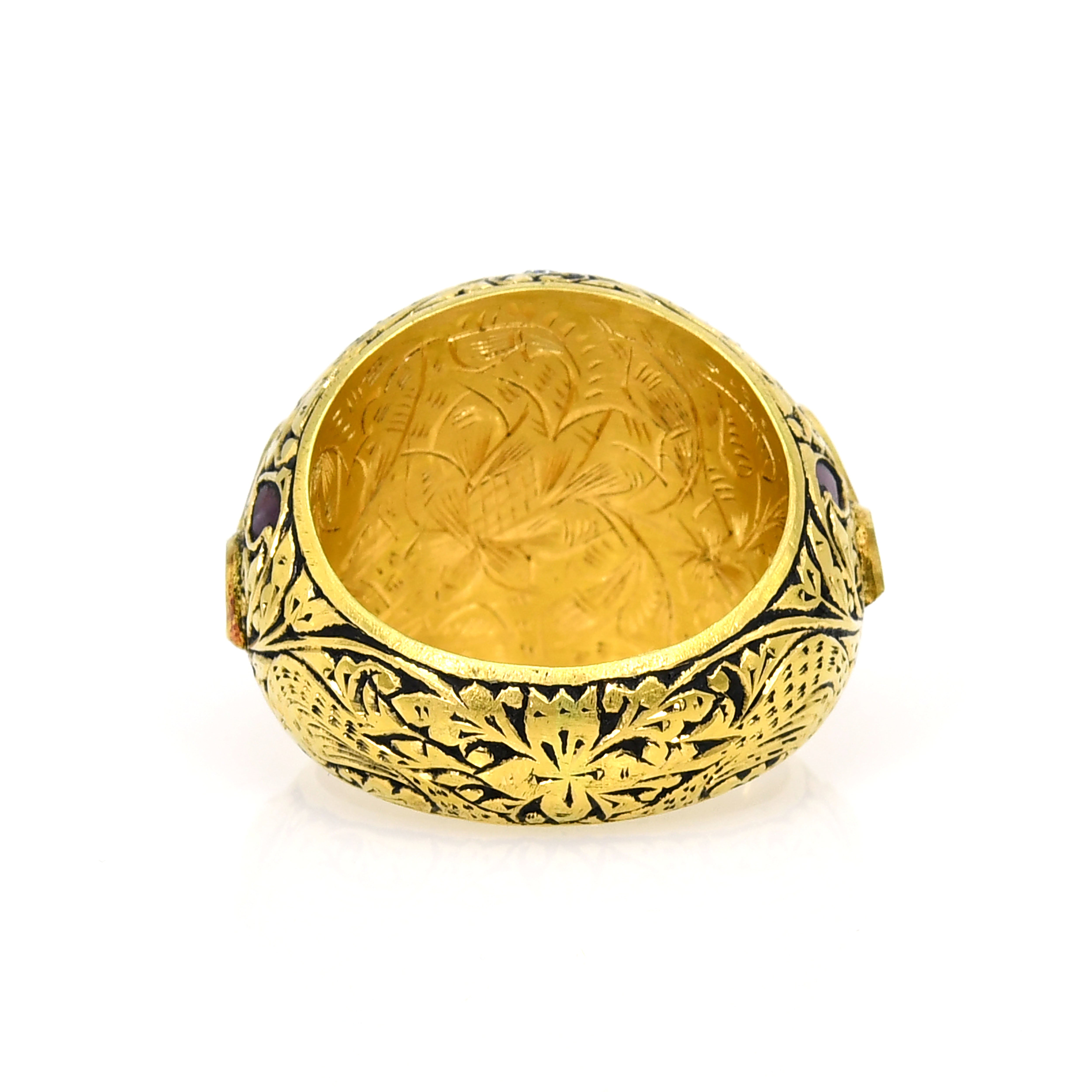 18k Yellow Gold Wide Band Ruby, Emerald & Diamond Ring