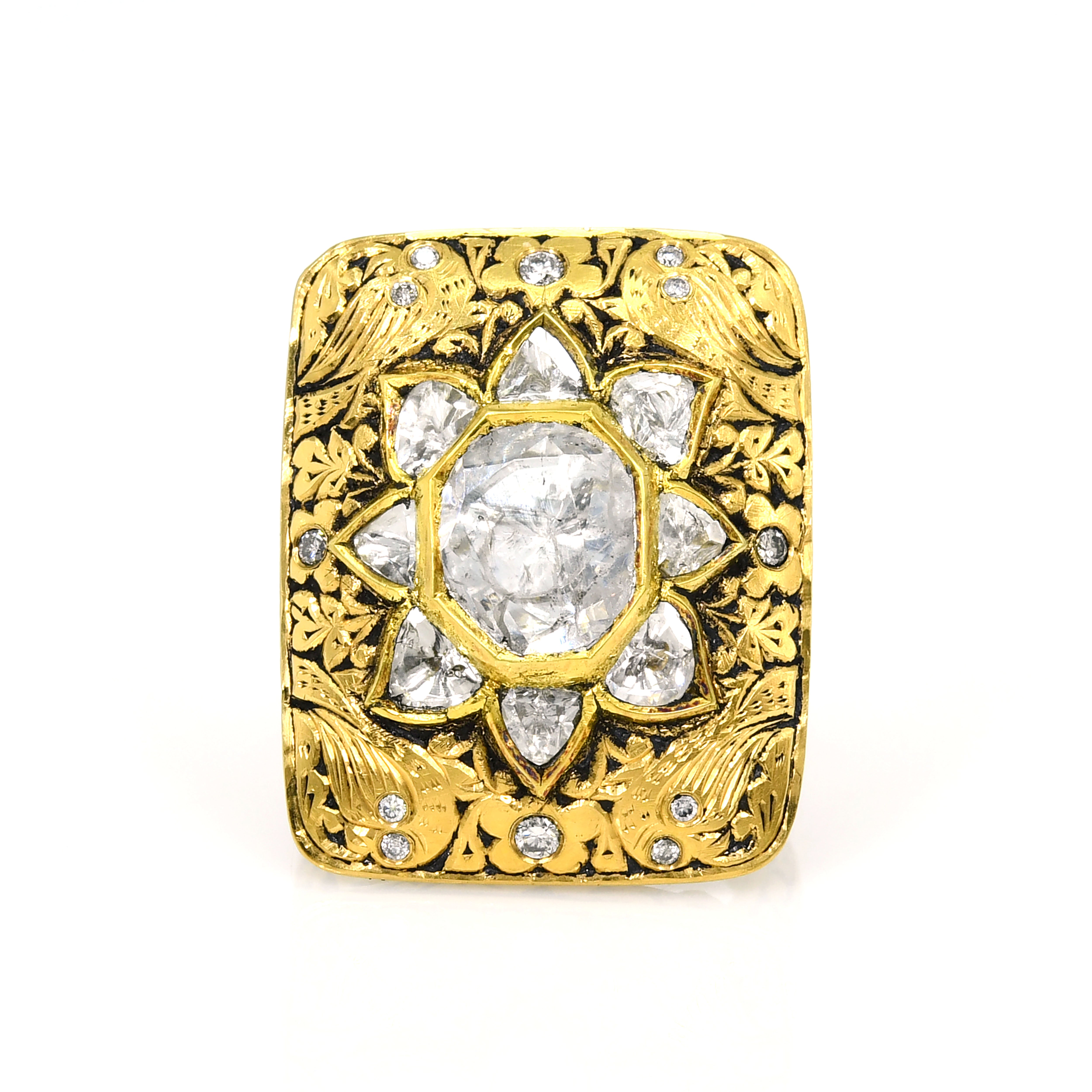 22k Yellow Gold Kundan Polki Diamond Rectangle Handcrafted Ring